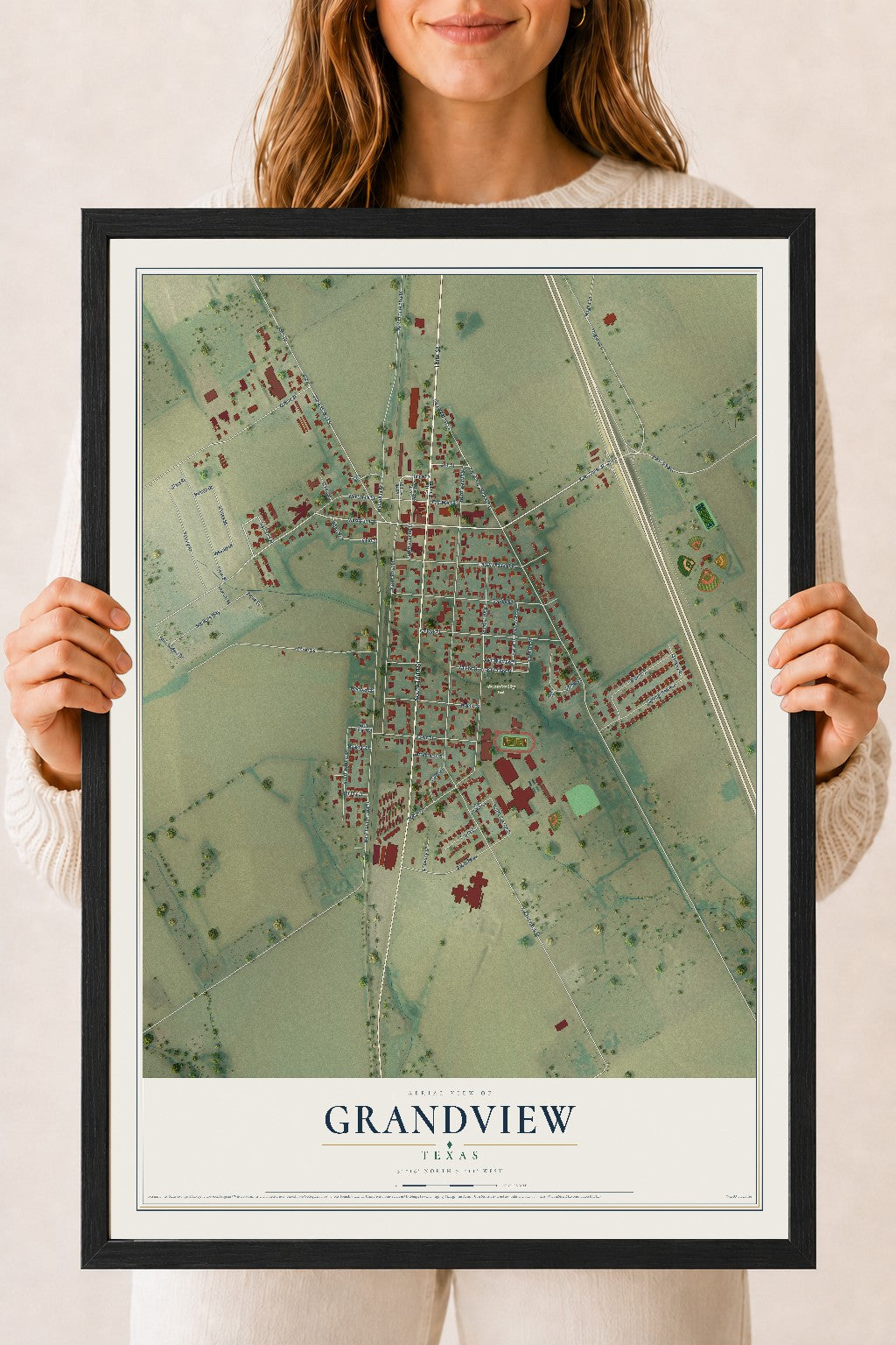 Map of Grandview, Texas, 18 x 24 inch print in a black wood frame