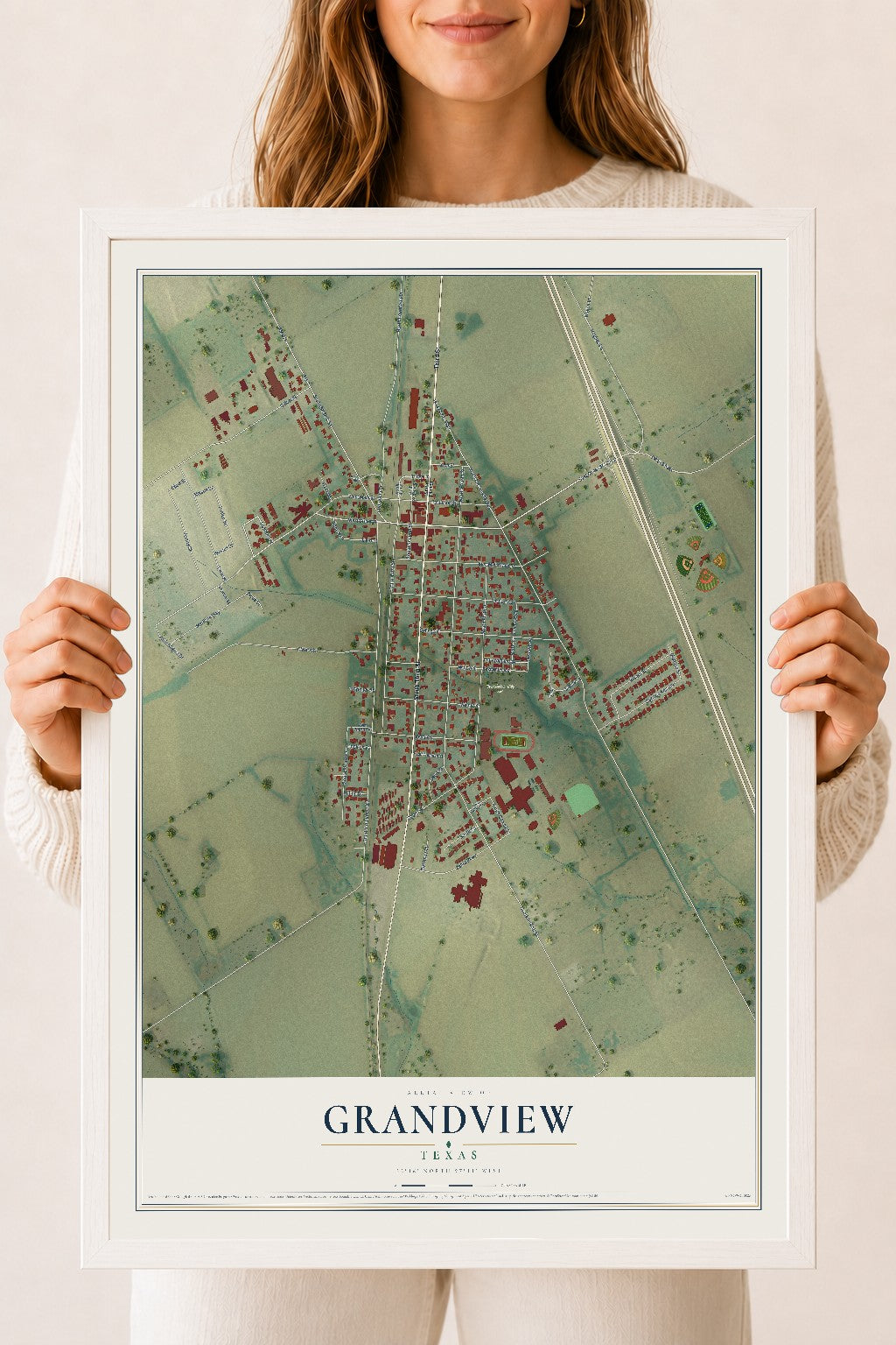 Map of Grandview, Texas, 18 x 24 inch print in a white wood frame