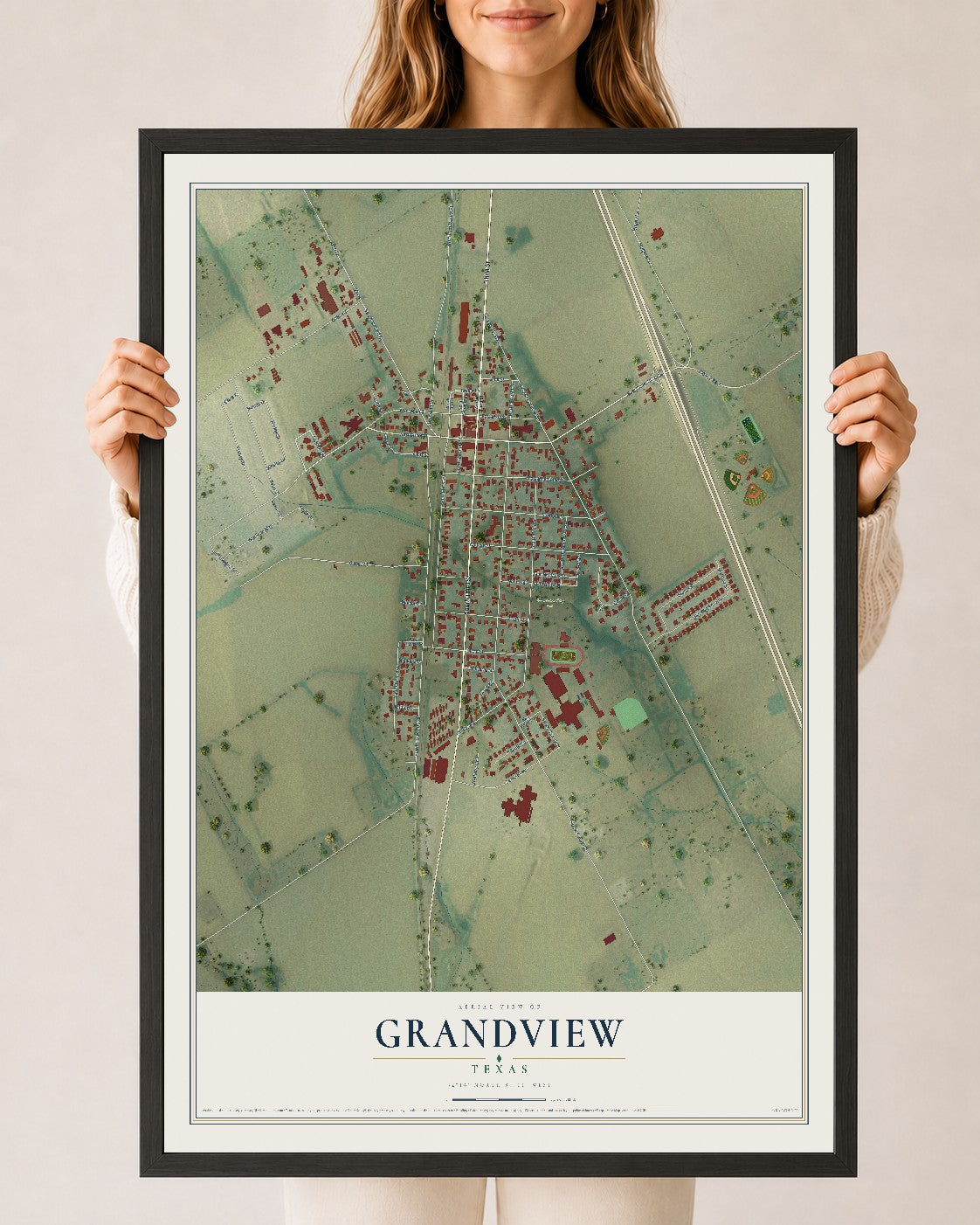 Map of Grandview, Texas, 24 x 36 inch print in a black wood frame