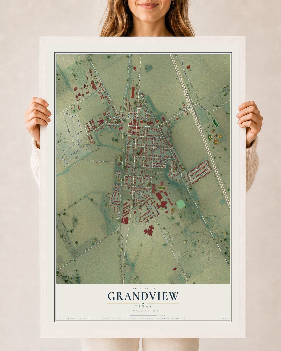 Map of Grandview, Texas, 24 x 36 inch print in a white wood frame