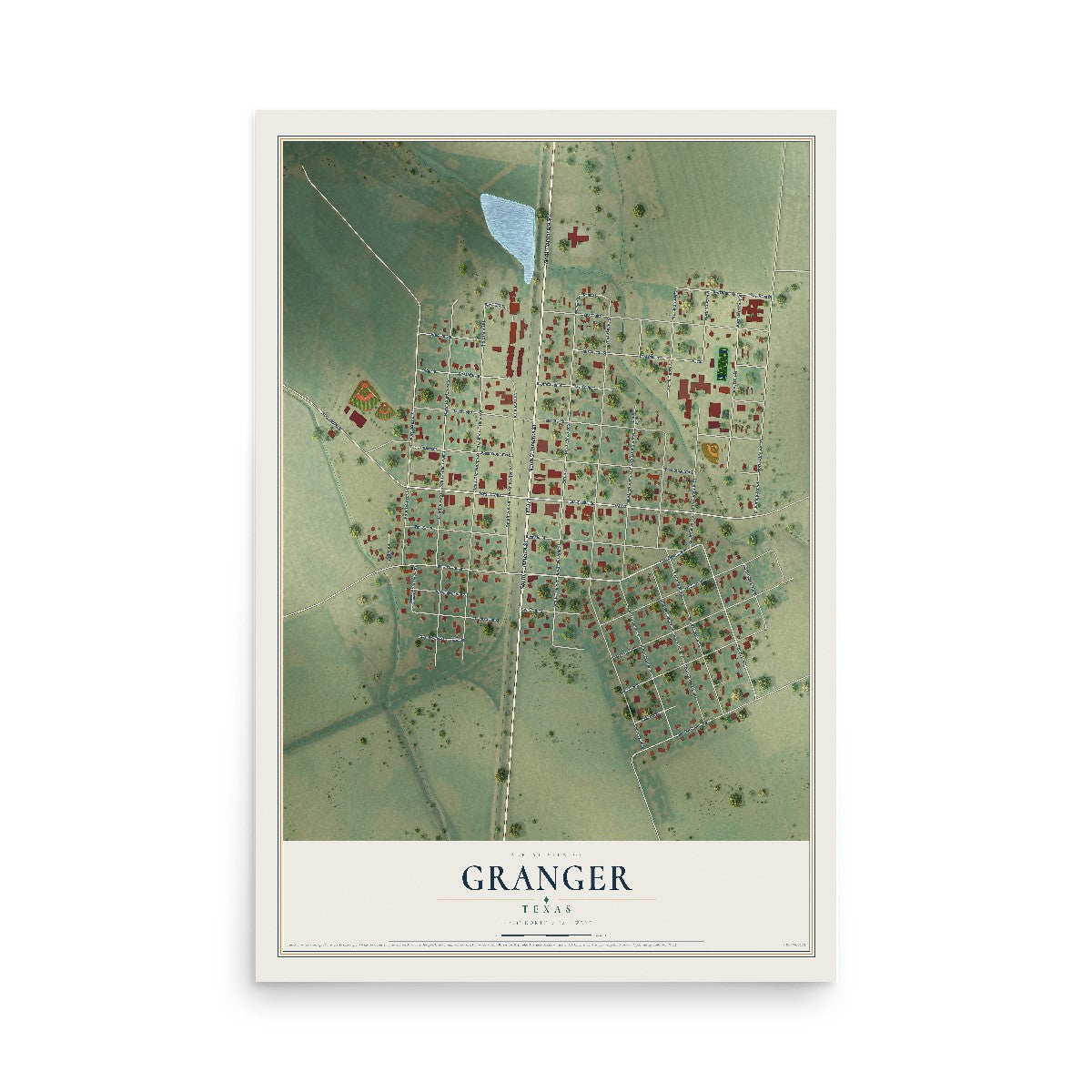 Map of Granger, Texas, 12 x 18 inch unframed archival matte print