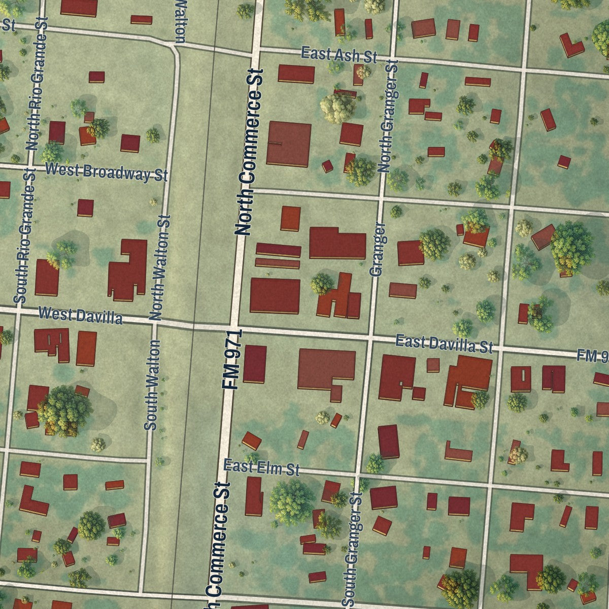 Close-up of the map of Granger, Texas print showing street and building detail