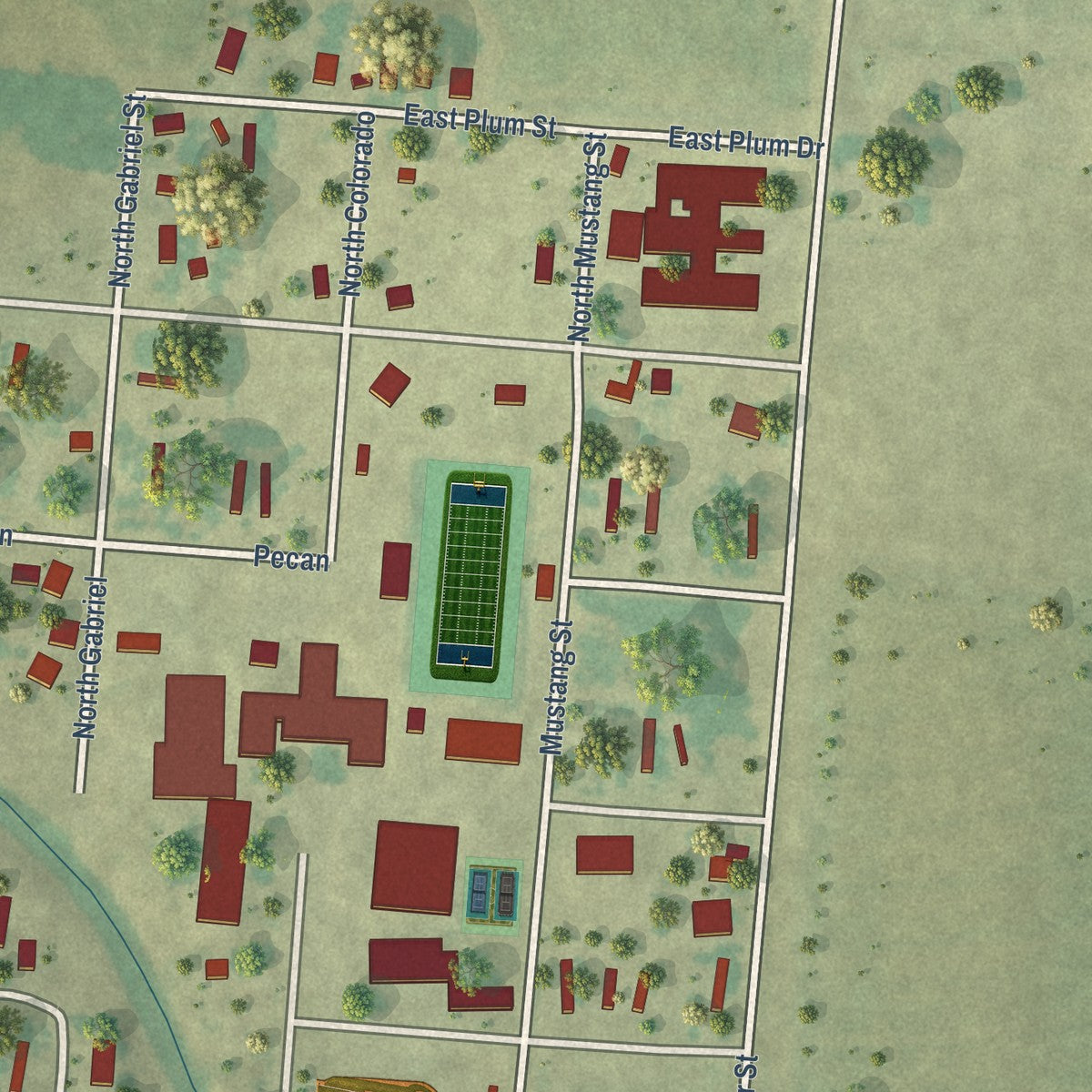 Second close-up of the map of Granger, Texas print showing more streets and buildings