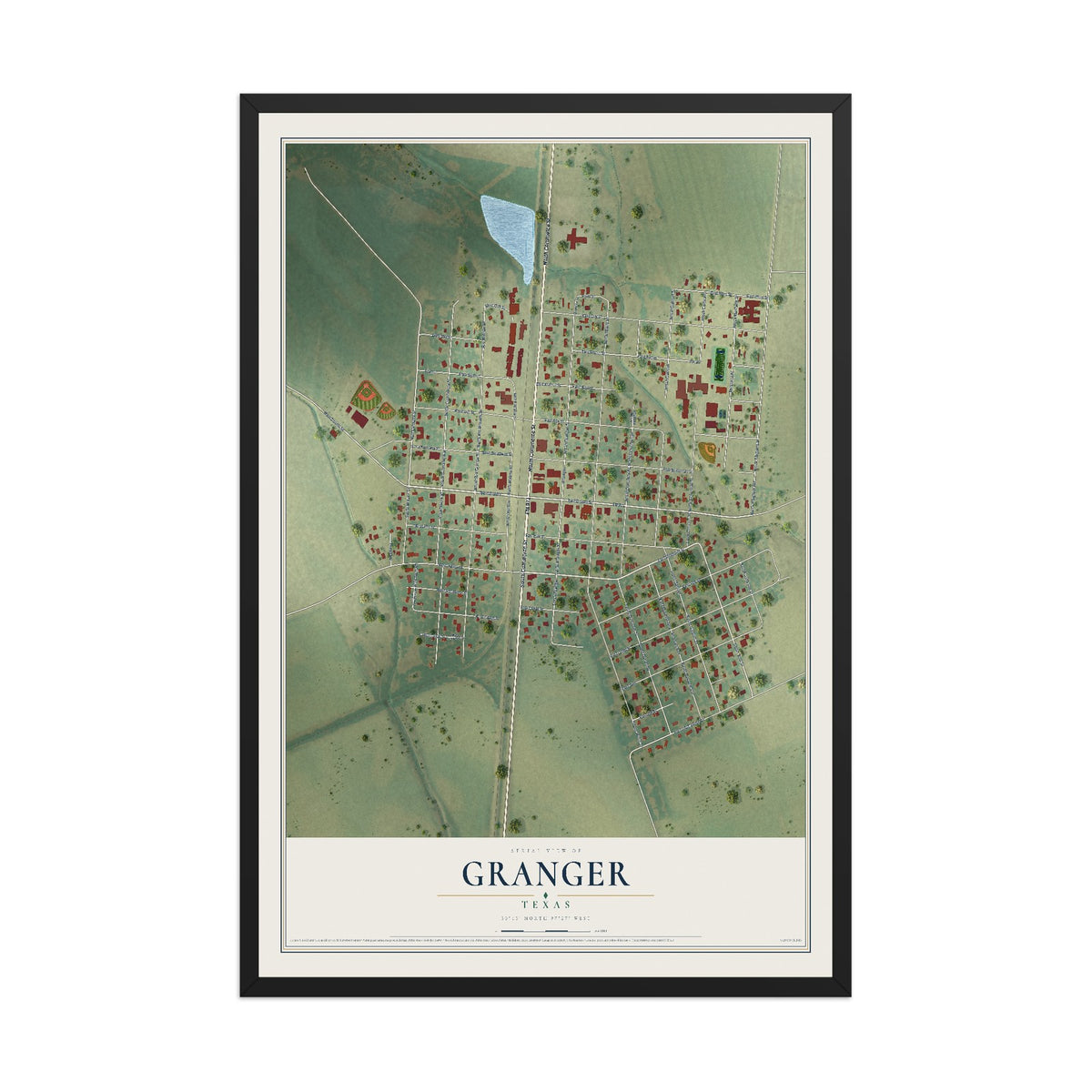 Map of Granger, Texas, 12 x 18 inch print in a black wood frame