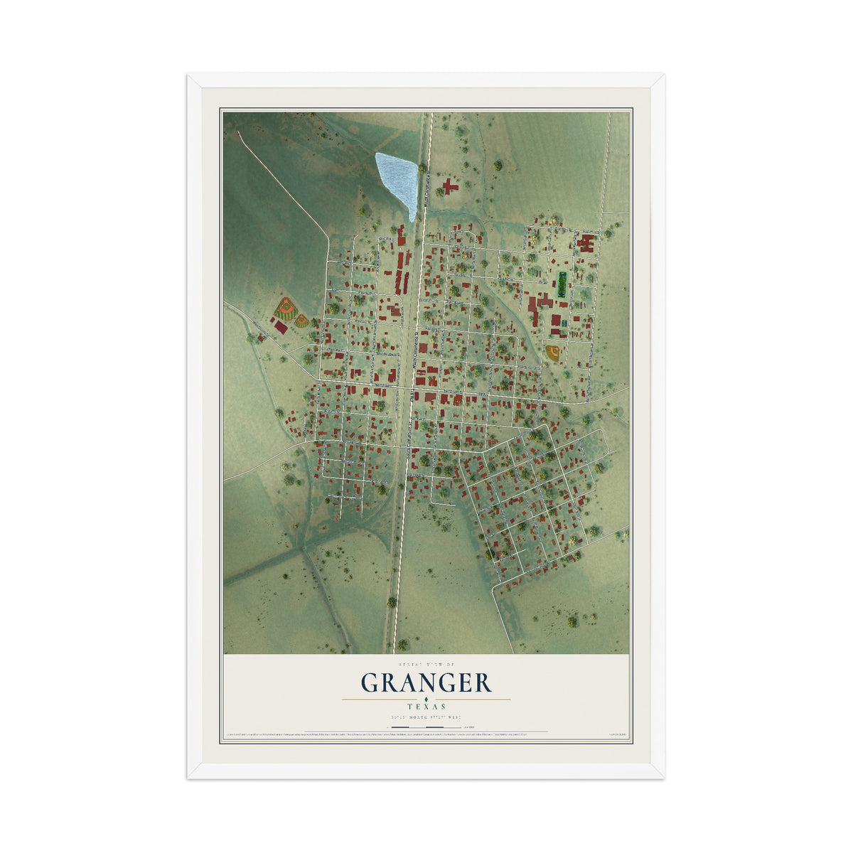Map of Granger, Texas, 12 x 18 inch print in a white wood frame