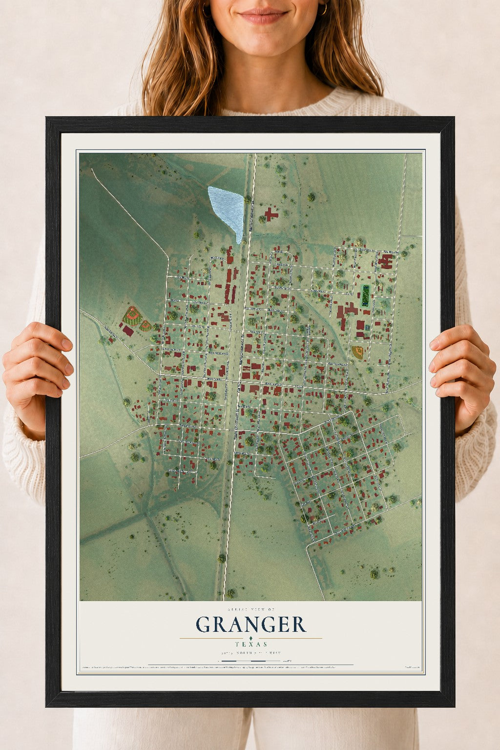 Map of Granger, Texas, 18 x 24 inch print in a black wood frame