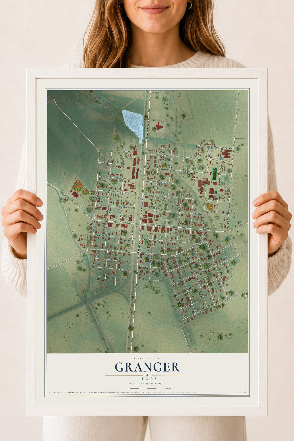 Map of Granger, Texas, 18 x 24 inch print in a white wood frame