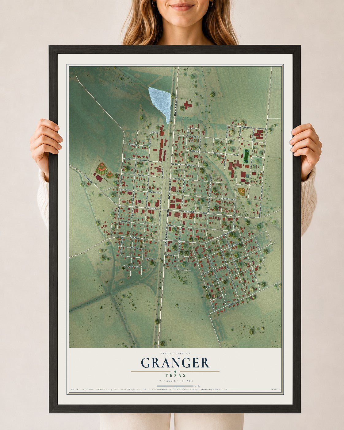 Map of Granger, Texas, 24 x 36 inch print in a black wood frame