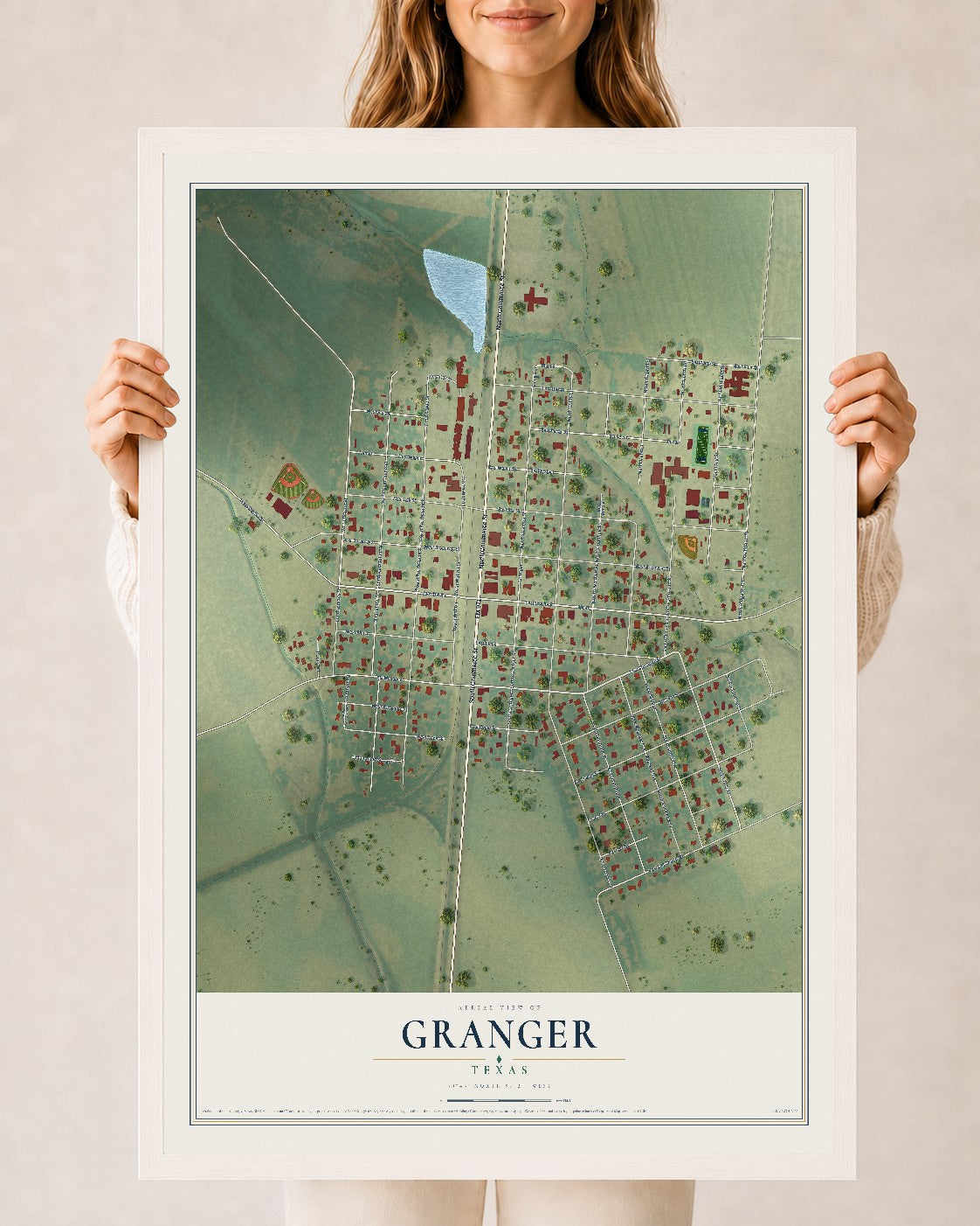 Map of Granger, Texas, 24 x 36 inch print in a white wood frame