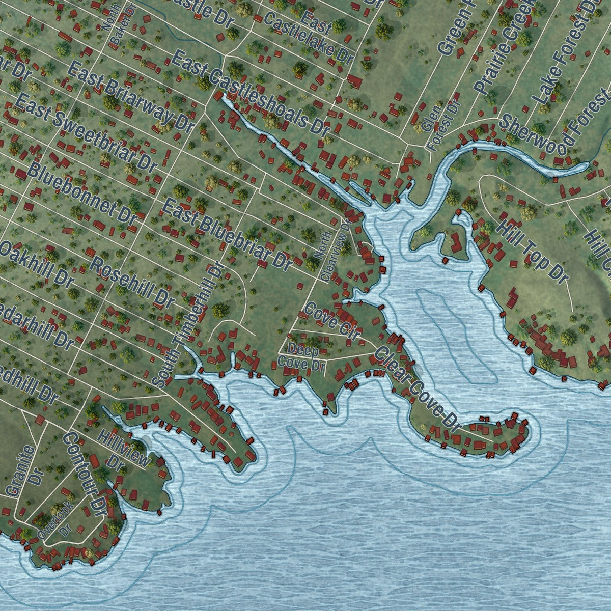 Second close-up of the map of Granite Shoals, Texas print showing more streets and buildings