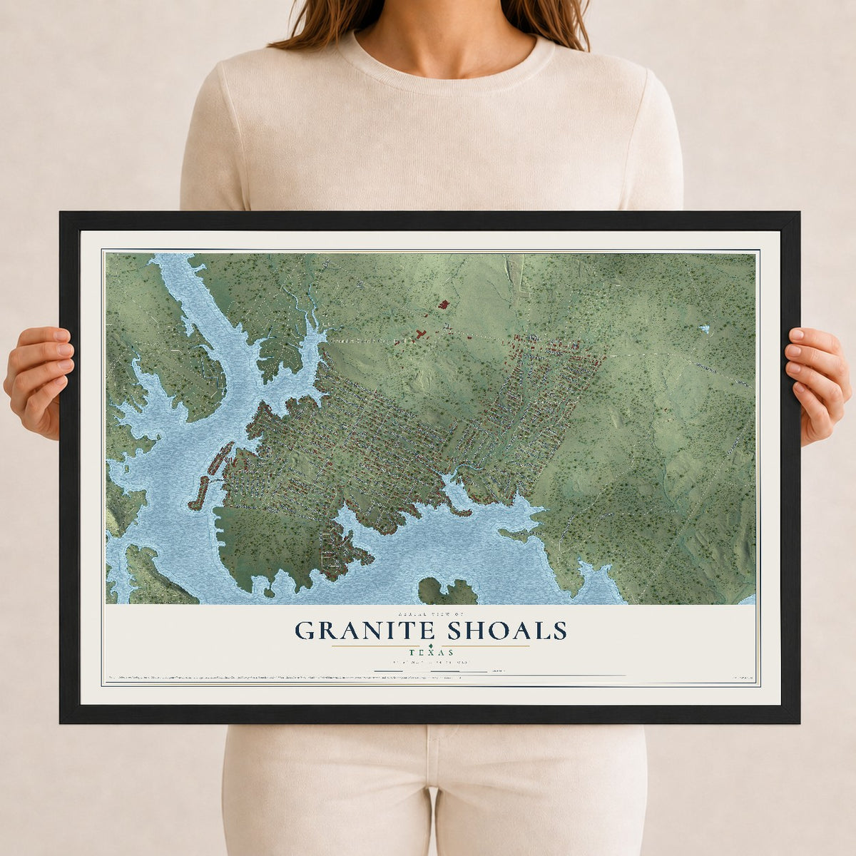 Map of Granite Shoals, Texas, 12 x 18 inch print in a black wood frame