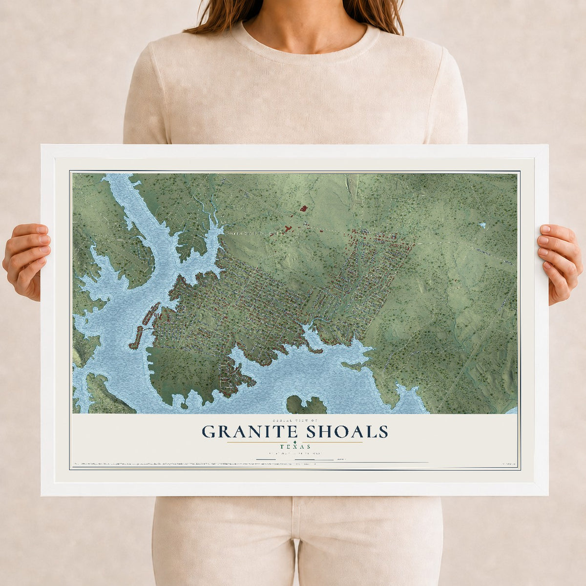 Map of Granite Shoals, Texas, 12 x 18 inch print in a white wood frame