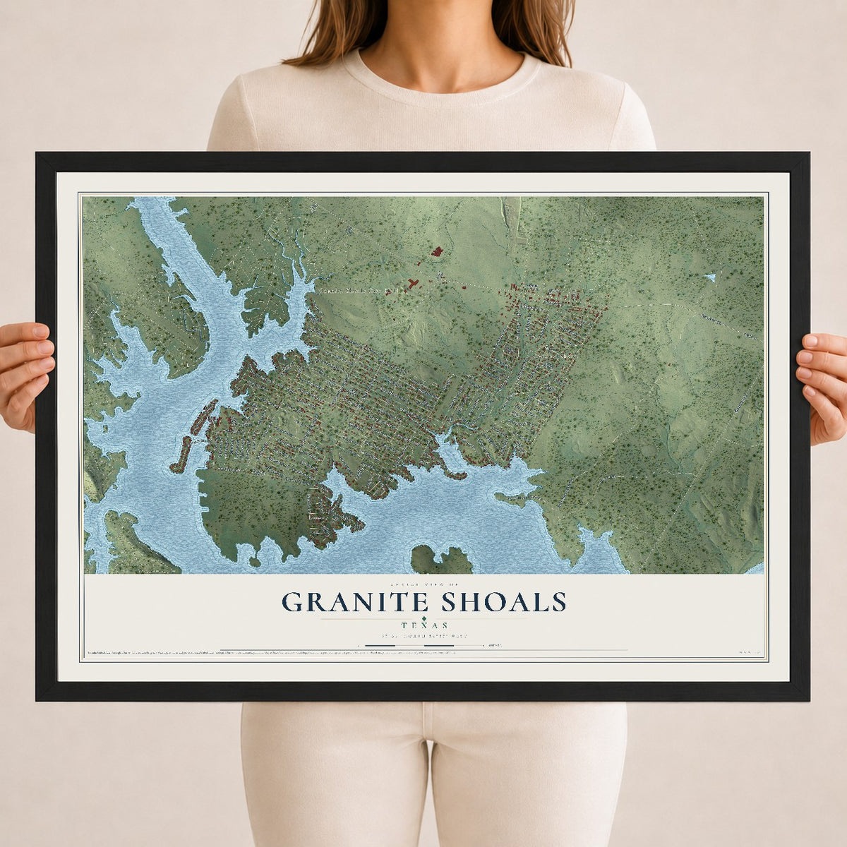 Map of Granite Shoals, Texas, 18 x 24 inch print in a black wood frame