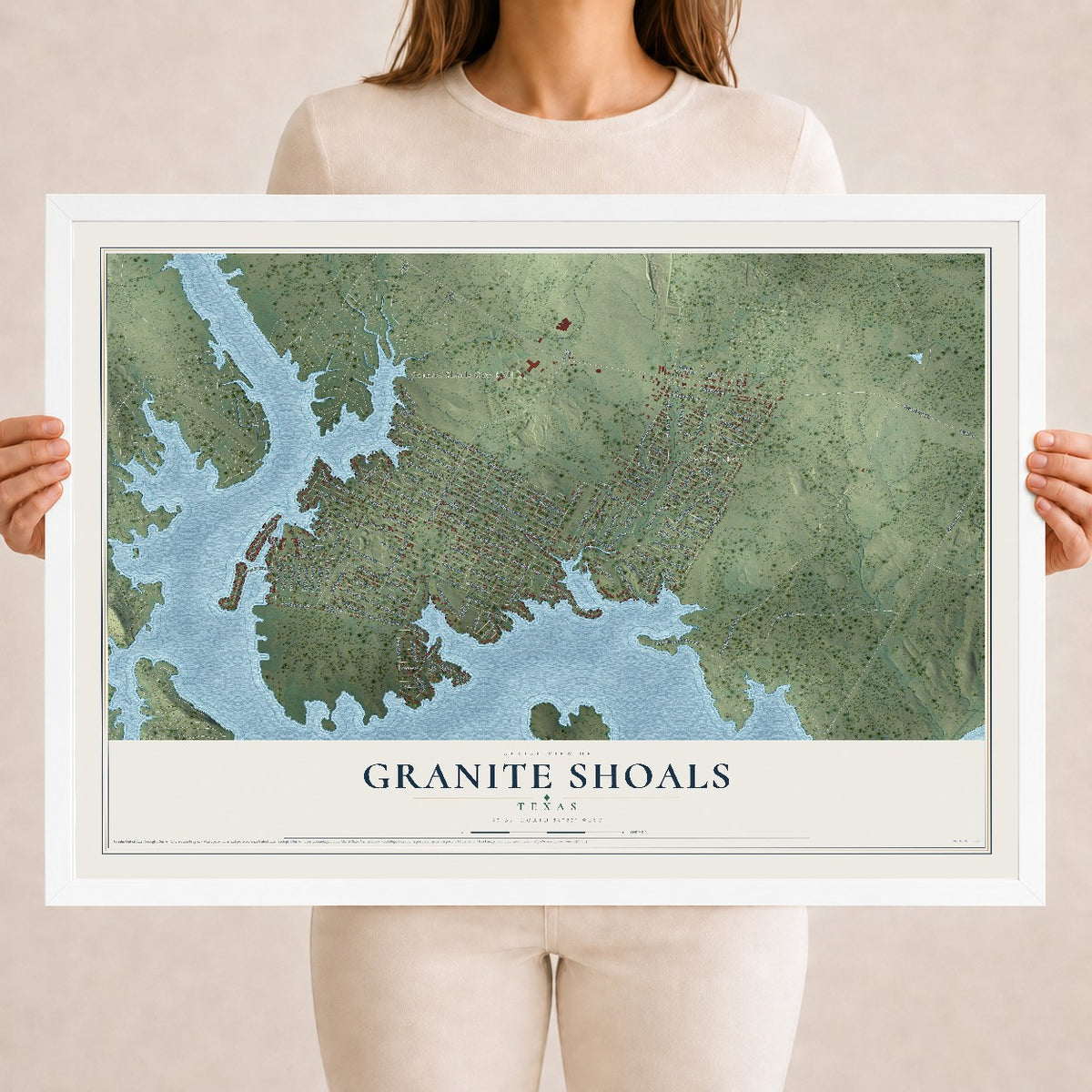 Map of Granite Shoals, Texas, 18 x 24 inch print in a white wood frame