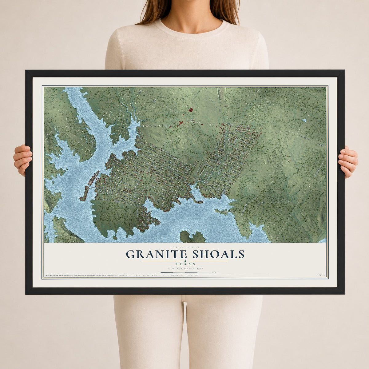 Map of Granite Shoals, Texas, 24 x 36 inch print in a black wood frame