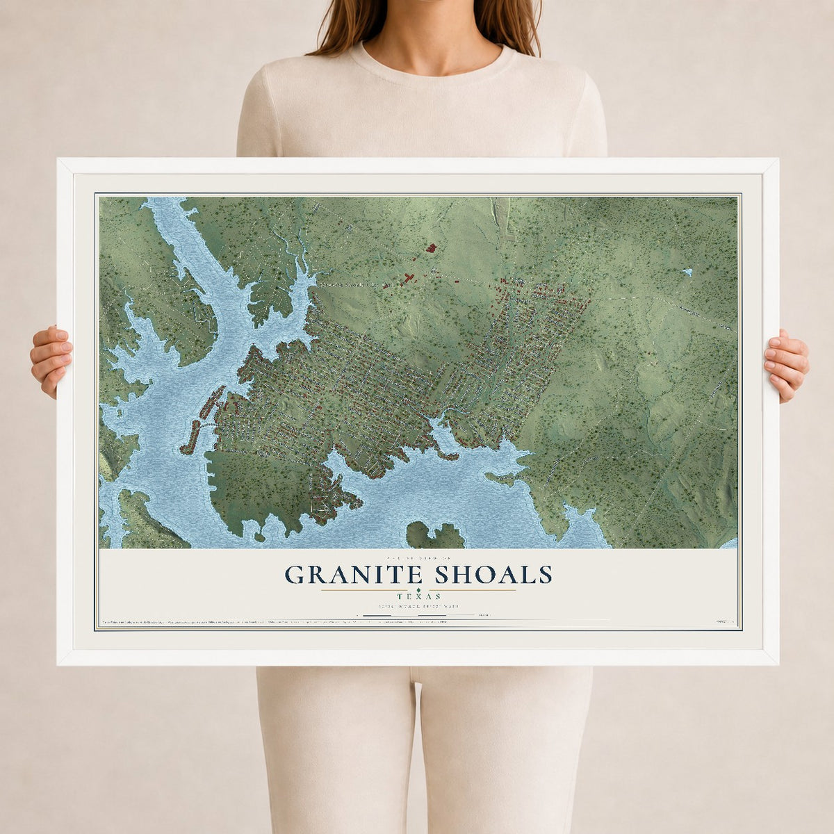 Map of Granite Shoals, Texas, 24 x 36 inch print in a white wood frame