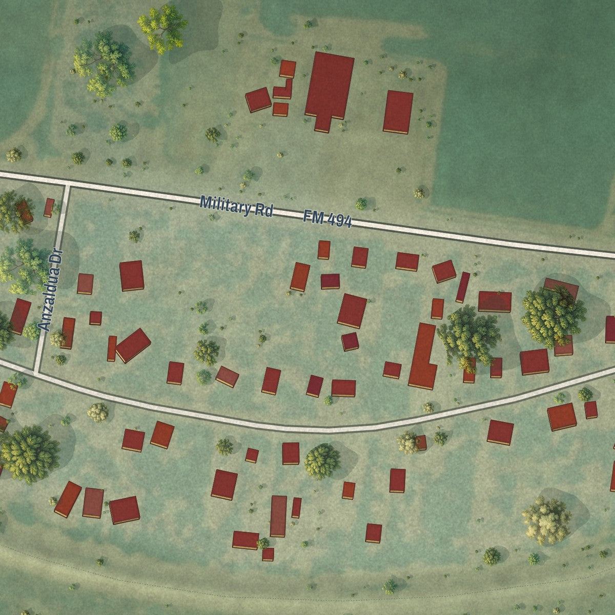 Close-up of the map of Granjeno, Texas print showing street and building detail