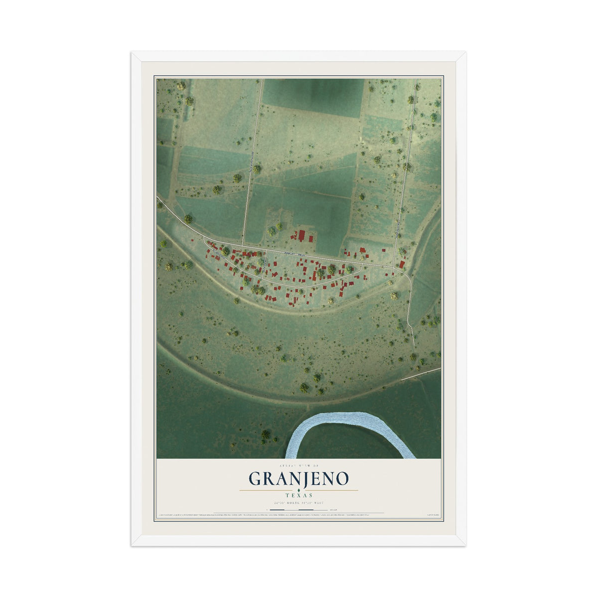 Map of Granjeno, Texas, 12 x 18 inch print in a white wood frame