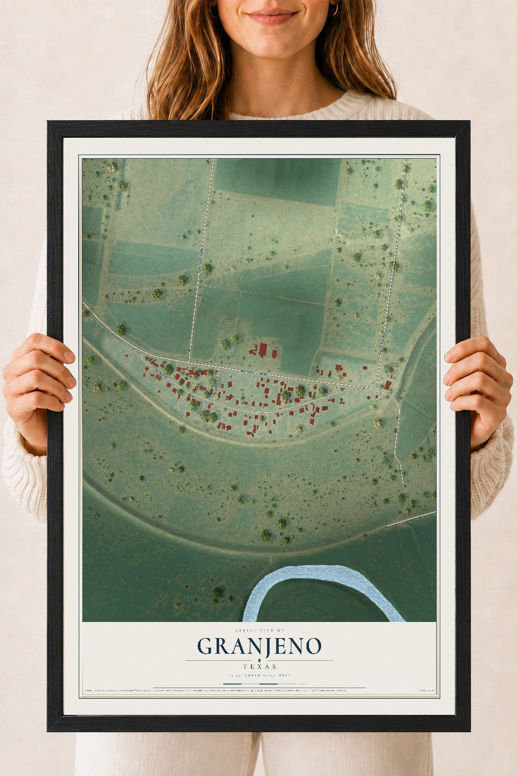 Map of Granjeno, Texas, 18 x 24 inch print in a black wood frame