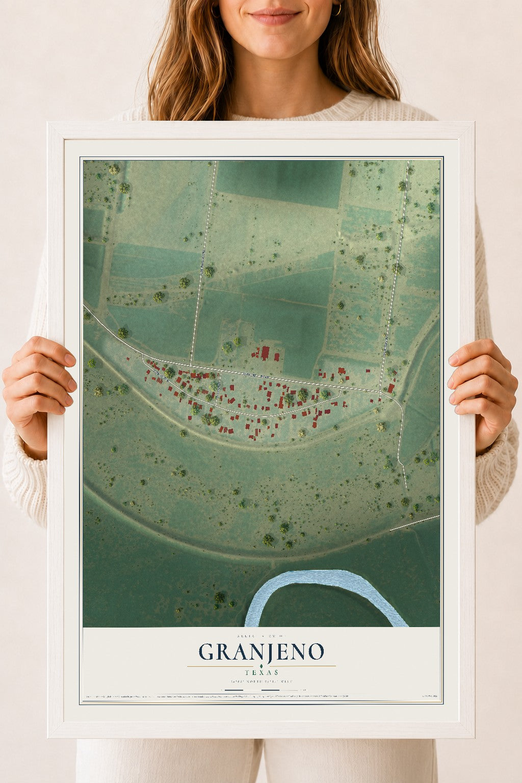 Map of Granjeno, Texas, 18 x 24 inch print in a white wood frame