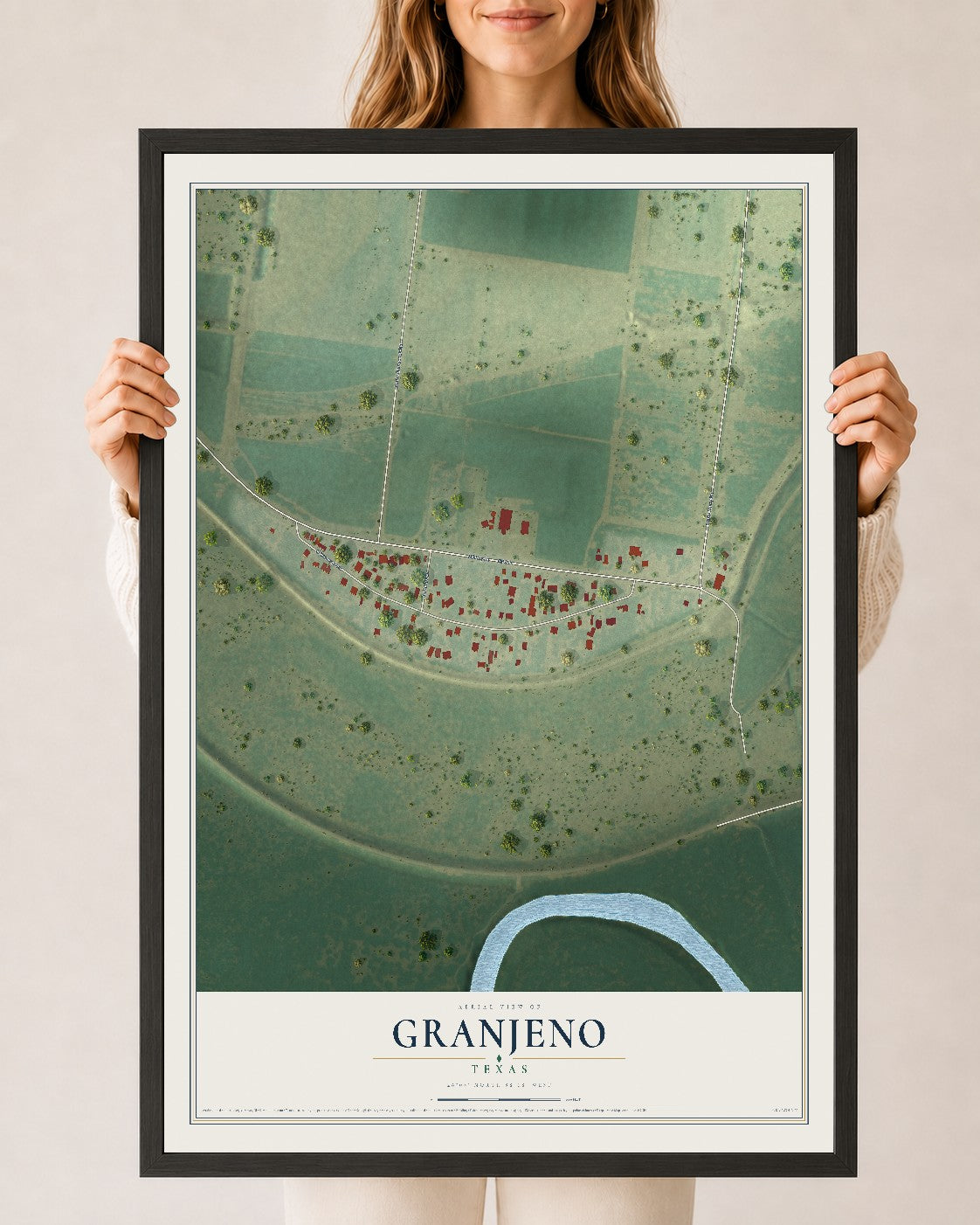 Map of Granjeno, Texas, 24 x 36 inch print in a black wood frame