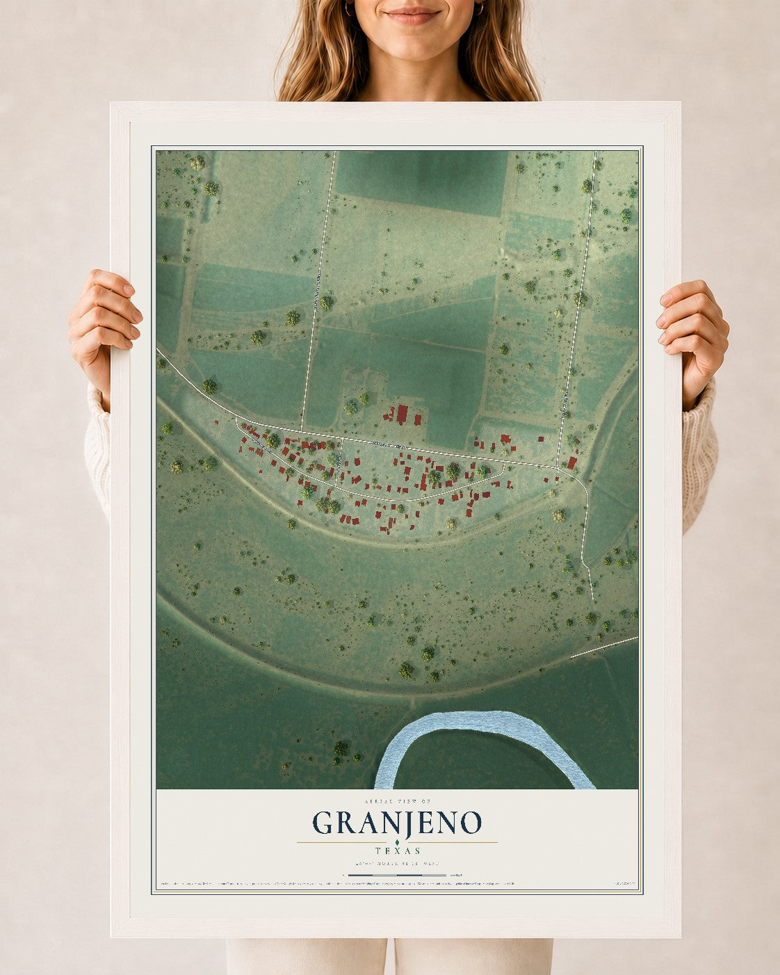 Map of Granjeno, Texas, 24 x 36 inch print in a white wood frame