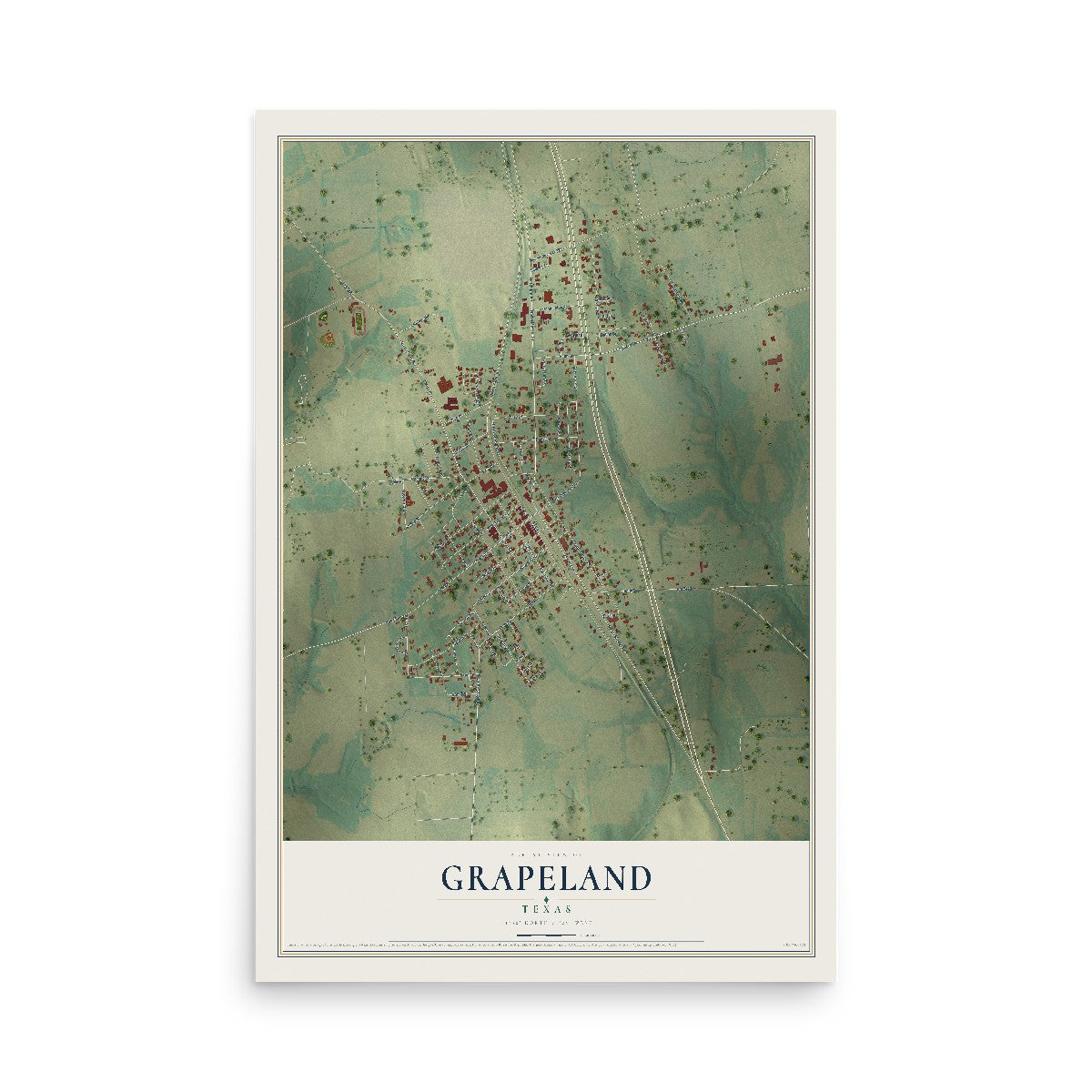 Map of Grapeland, Texas, 12 x 18 inch unframed archival matte print