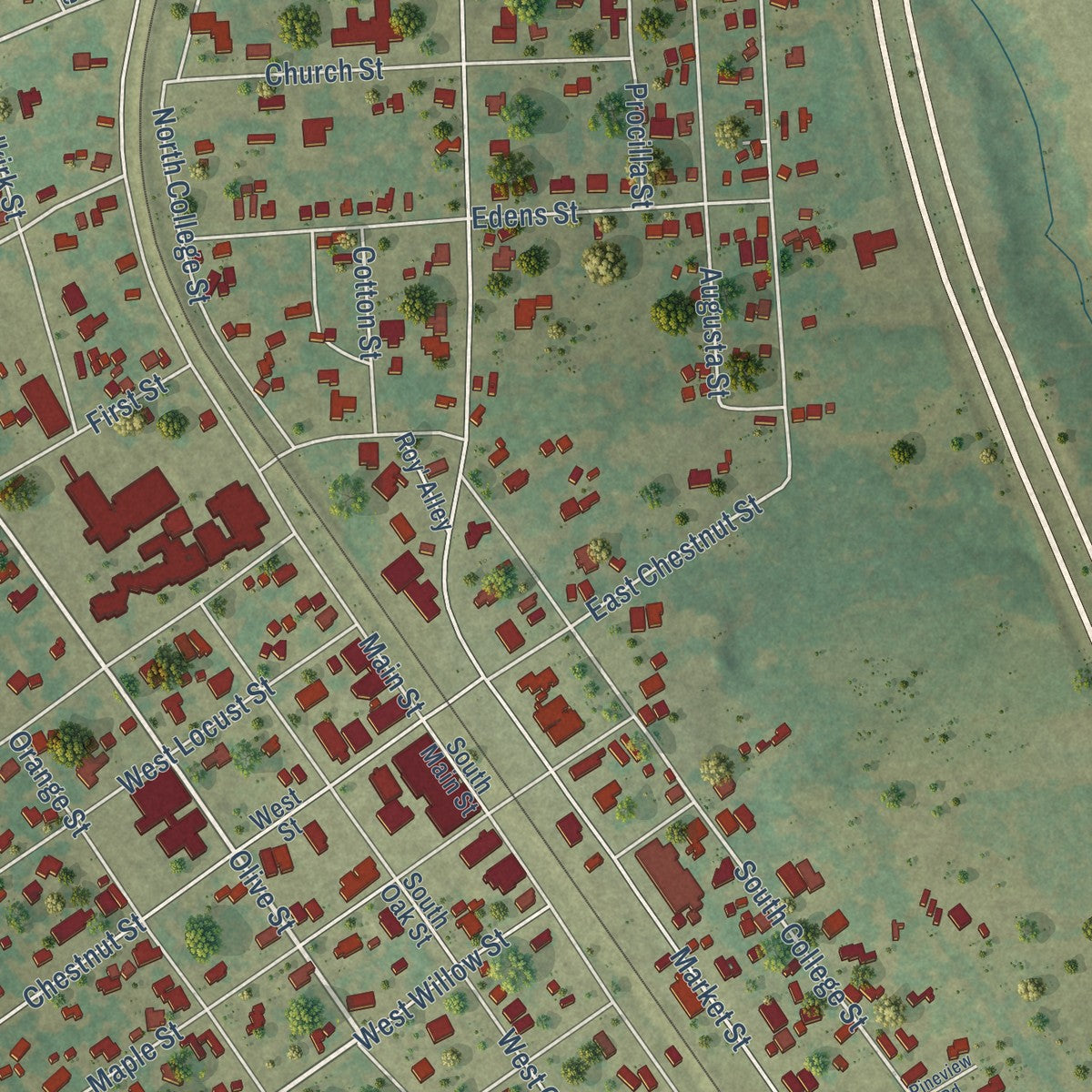 Close-up of the map of Grapeland, Texas print showing street and building detail