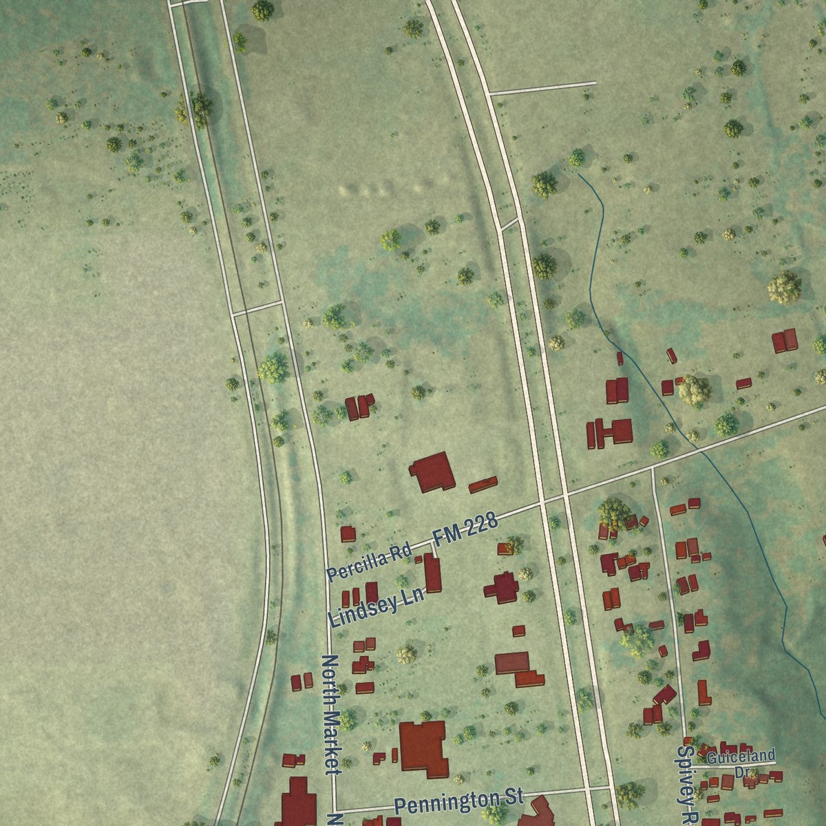 Second close-up of the map of Grapeland, Texas print showing more streets and buildings