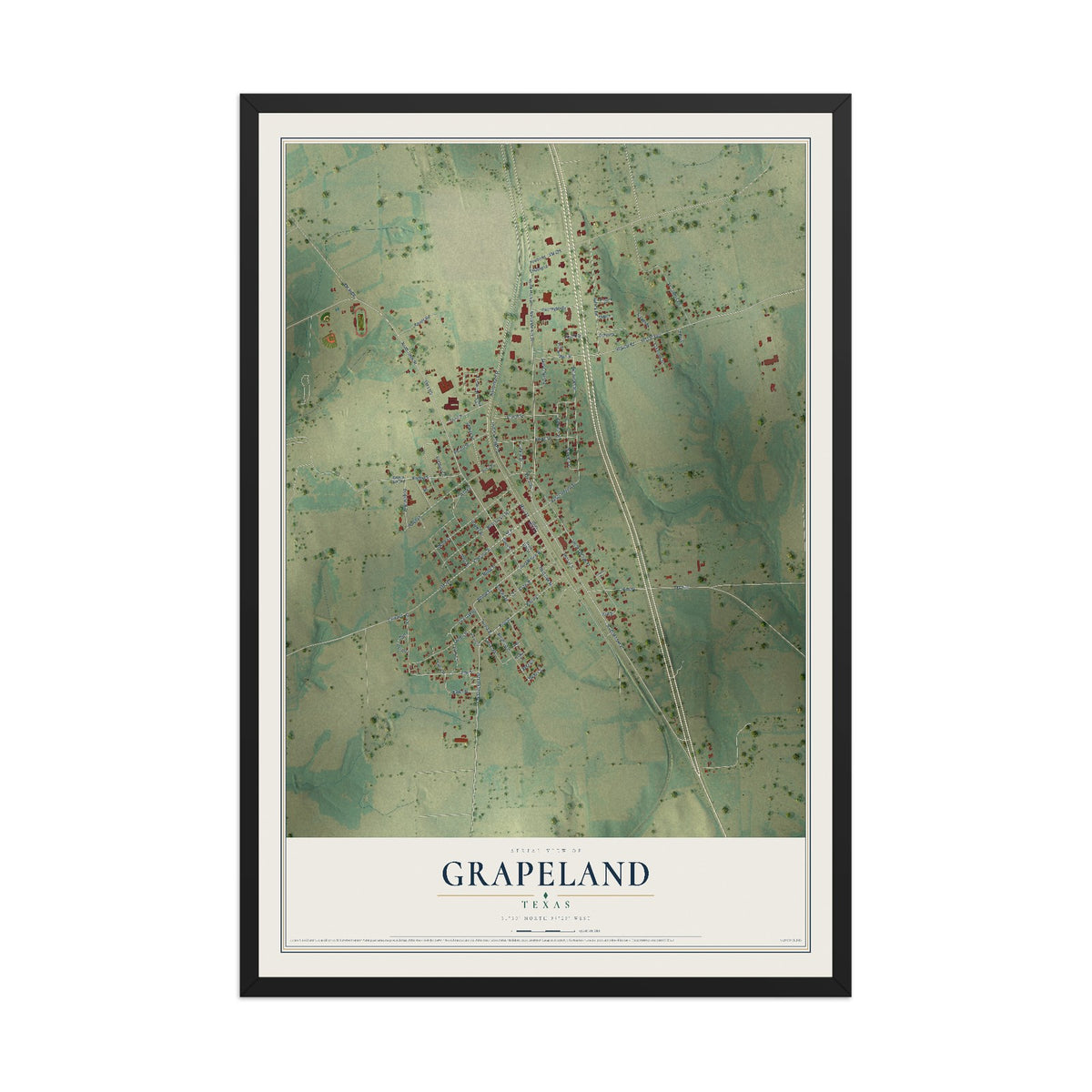 Map of Grapeland, Texas, 12 x 18 inch print in a black wood frame
