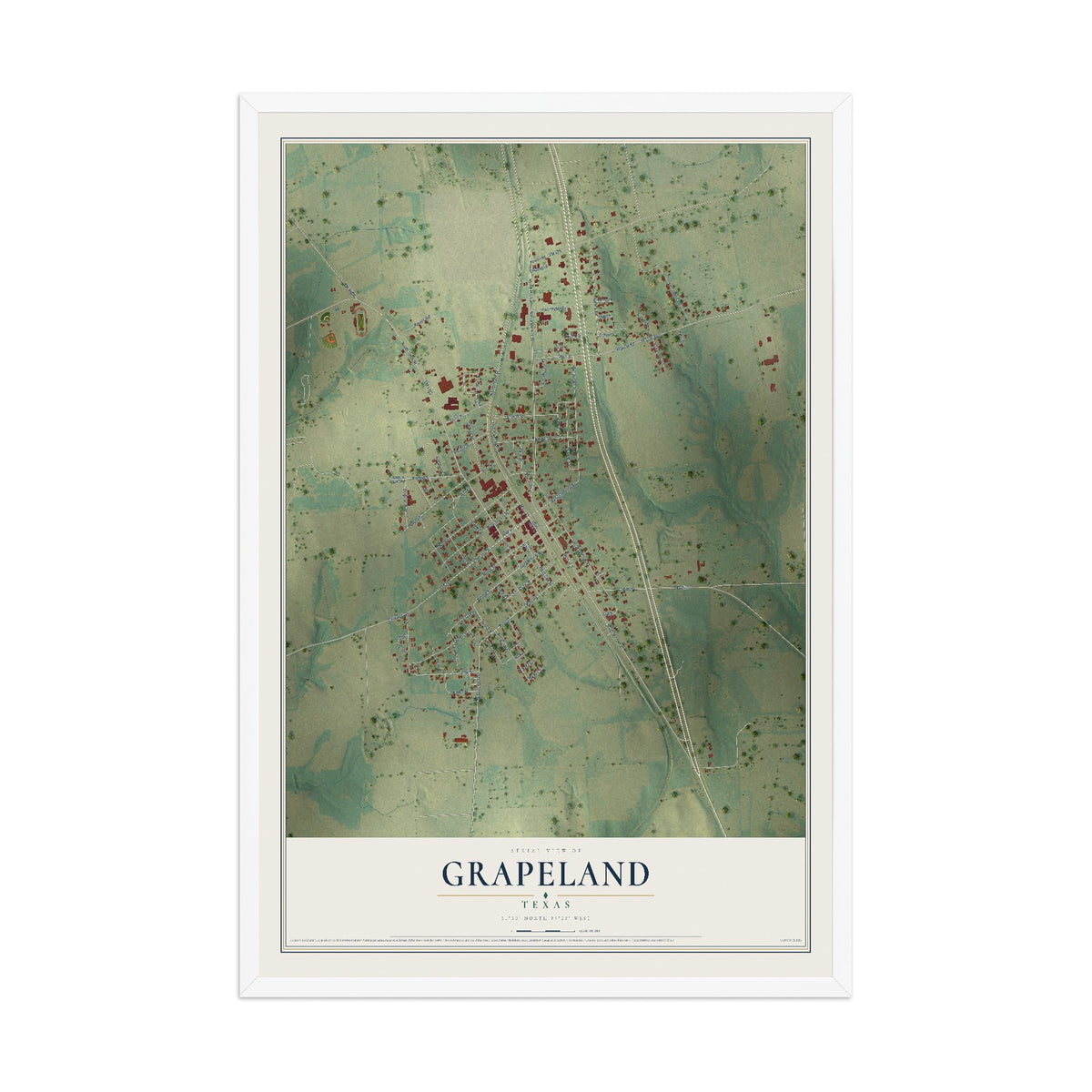 Map of Grapeland, Texas, 12 x 18 inch print in a white wood frame