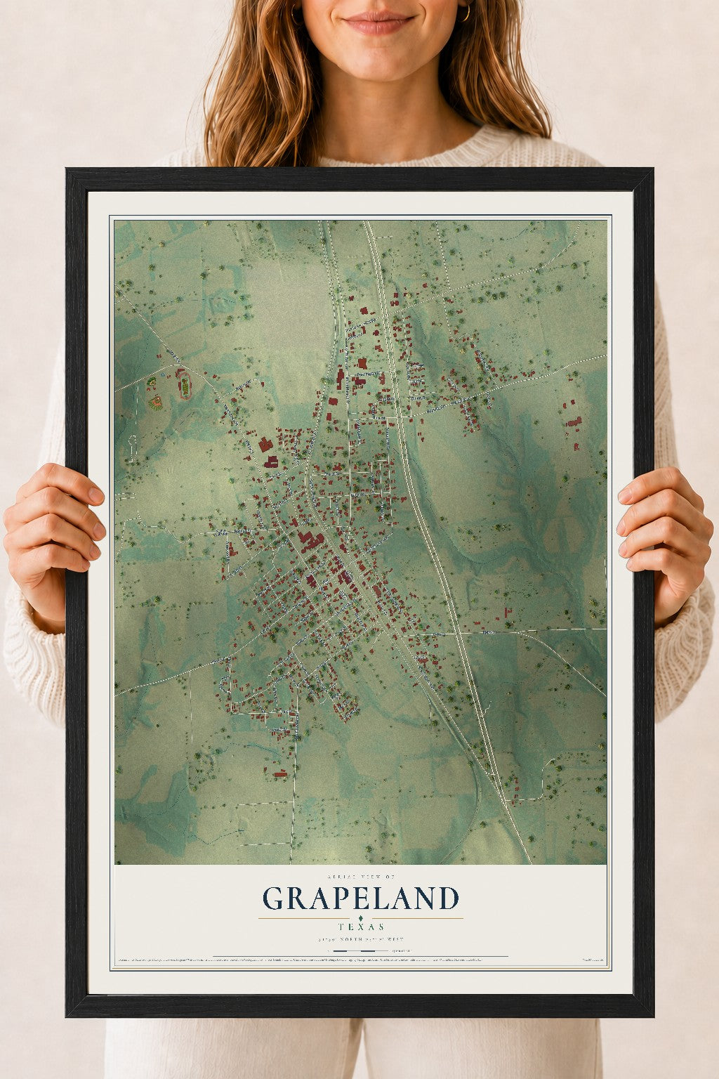 Map of Grapeland, Texas, 18 x 24 inch print in a black wood frame