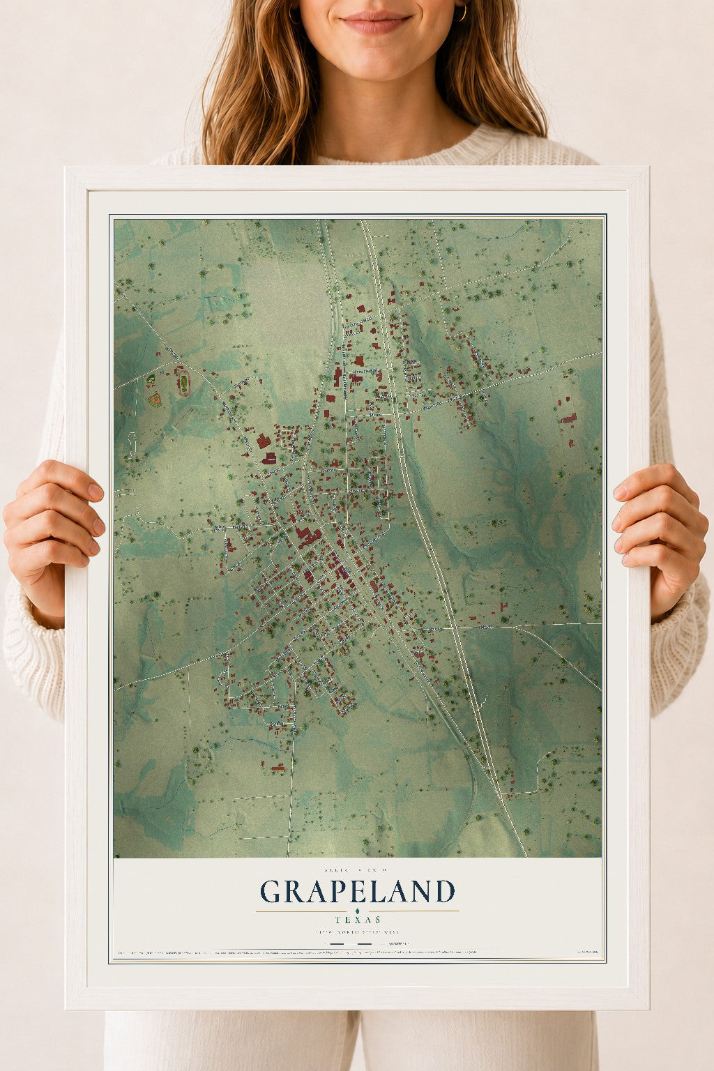 Map of Grapeland, Texas, 18 x 24 inch print in a white wood frame