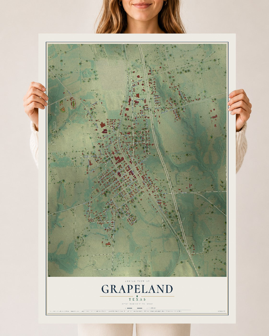 Map of Grapeland, Texas, 24 x 36 inch unframed archival matte print