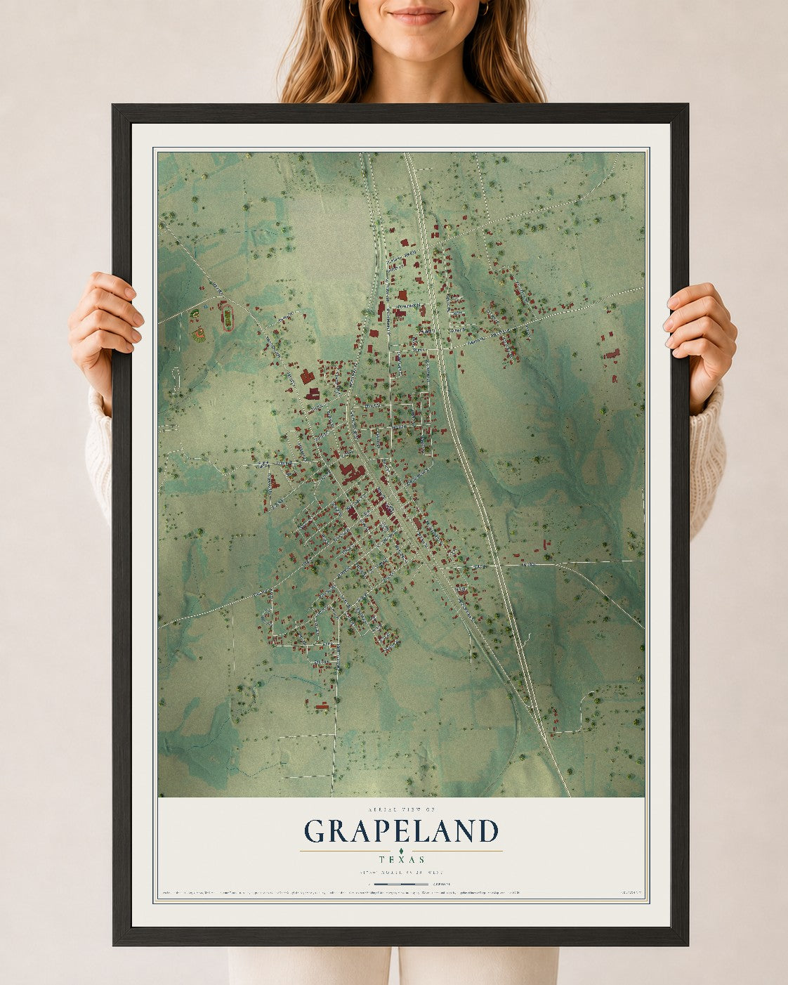 Map of Grapeland, Texas, 24 x 36 inch print in a black wood frame