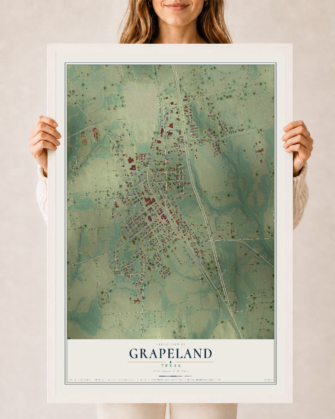 Map of Grapeland, Texas, 24 x 36 inch print in a white wood frame