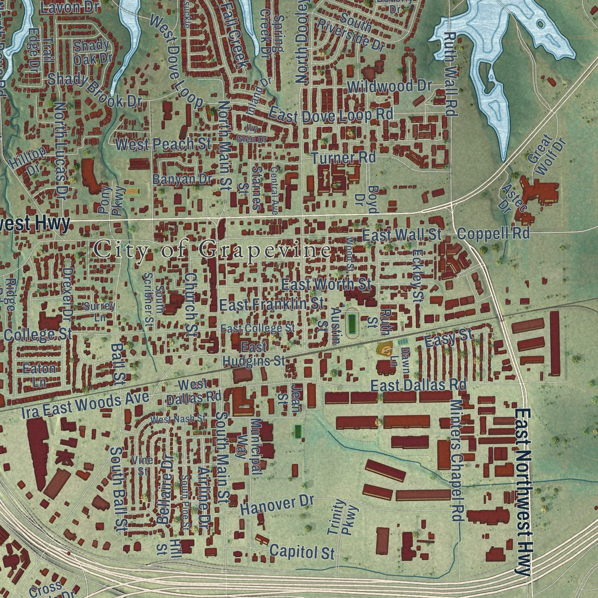 Close-up of the map of Grapevine, Texas print showing street and building detail