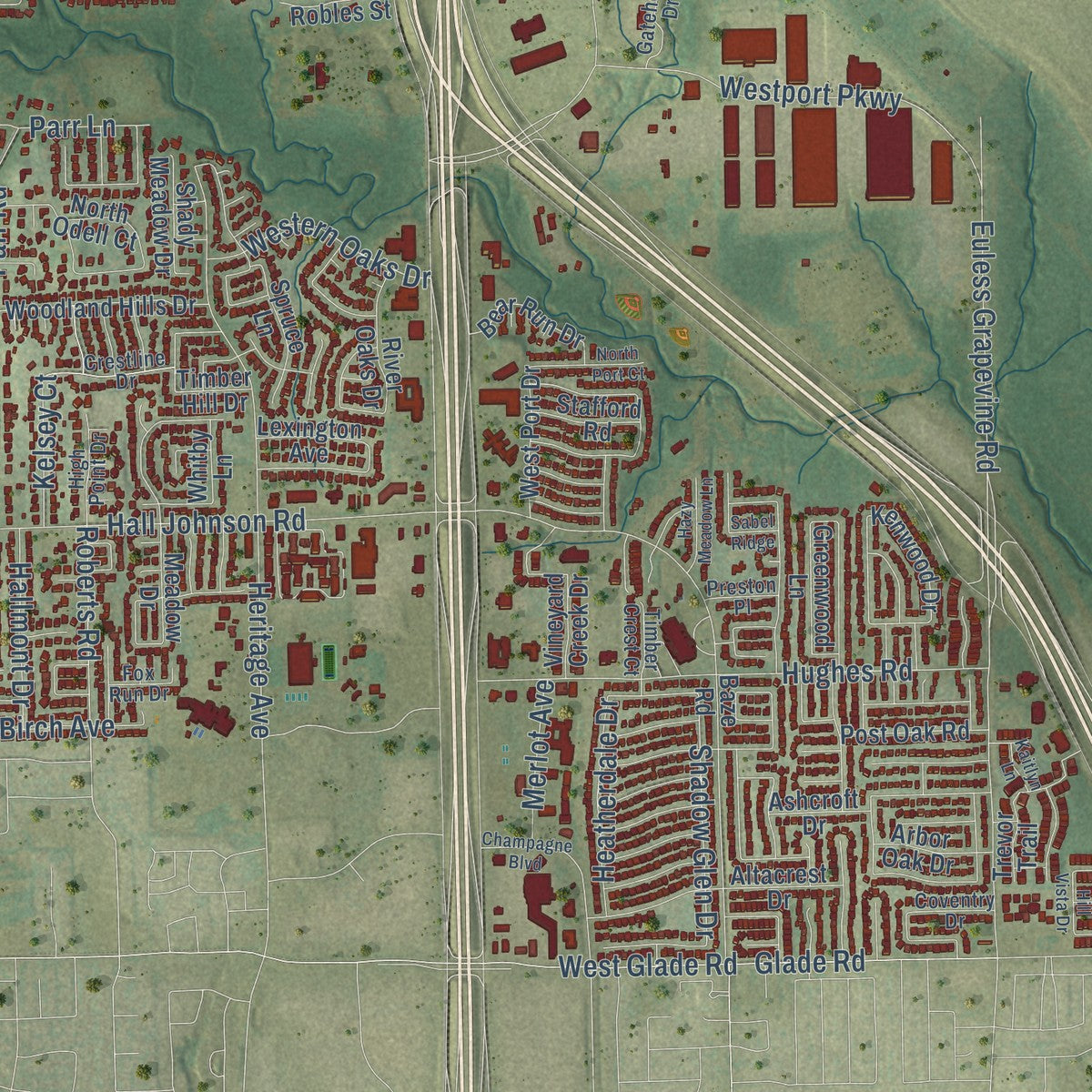 Second close-up of the map of Grapevine, Texas print showing more streets and buildings