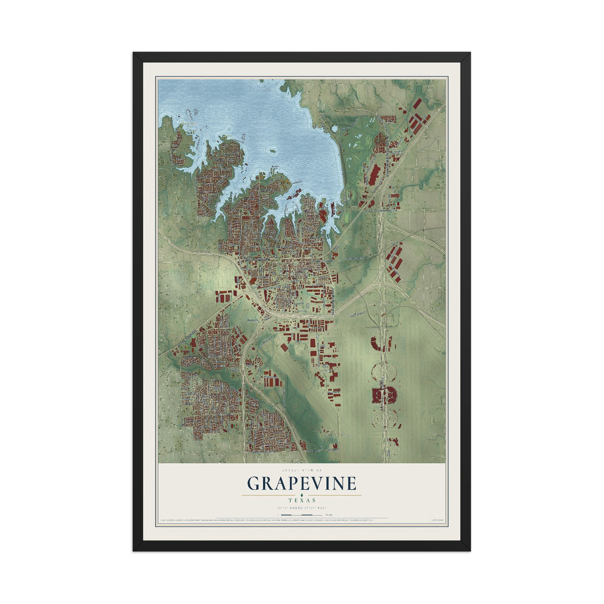 Map of Grapevine, Texas, 12 x 18 inch print in a black wood frame