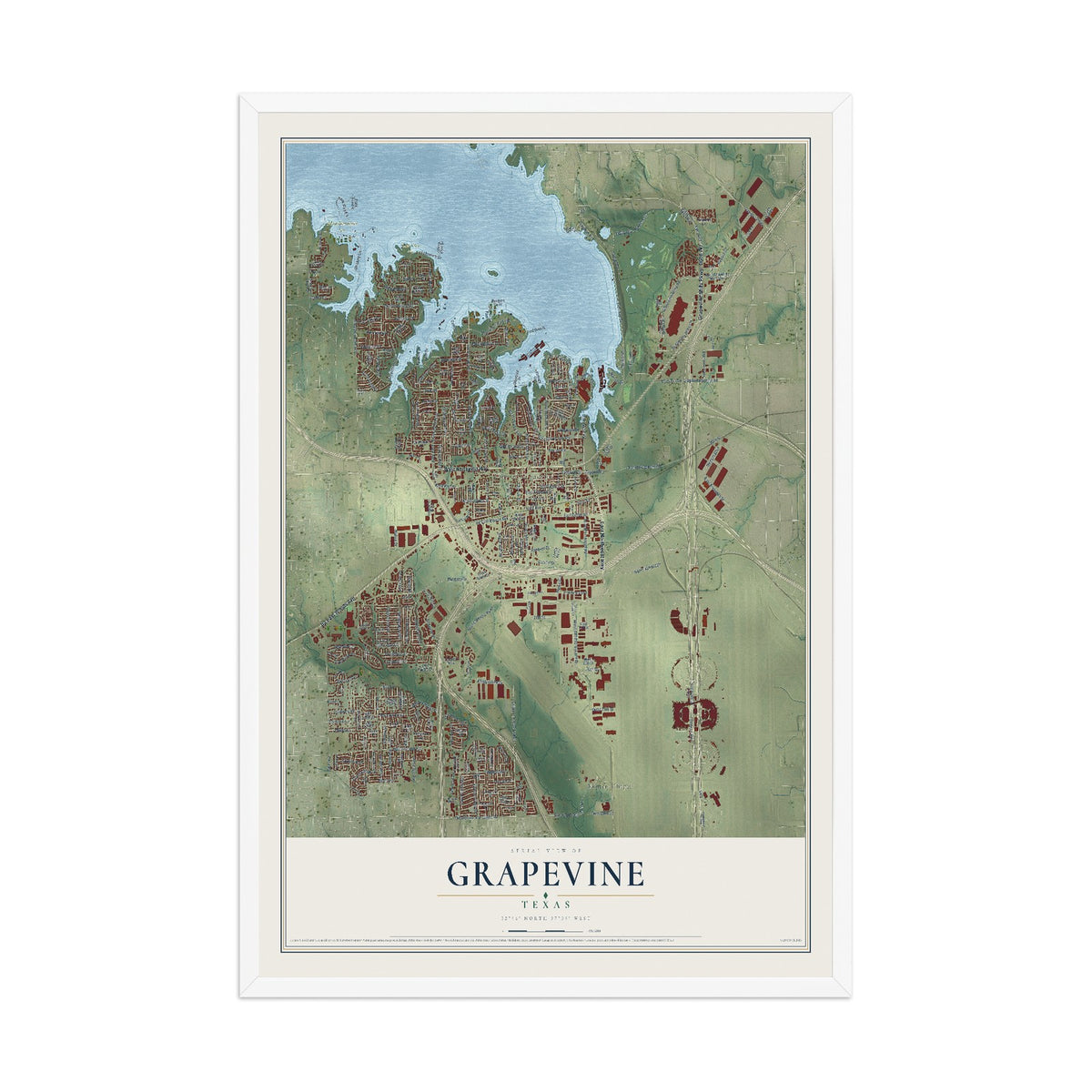 Map of Grapevine, Texas, 12 x 18 inch print in a white wood frame