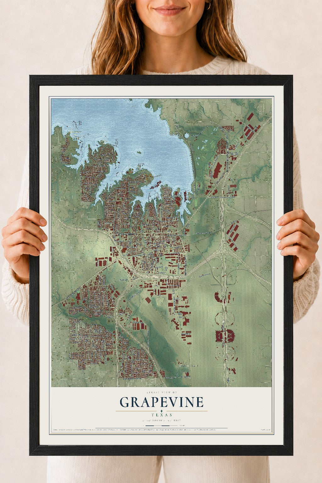 Map of Grapevine, Texas, 18 x 24 inch print in a black wood frame
