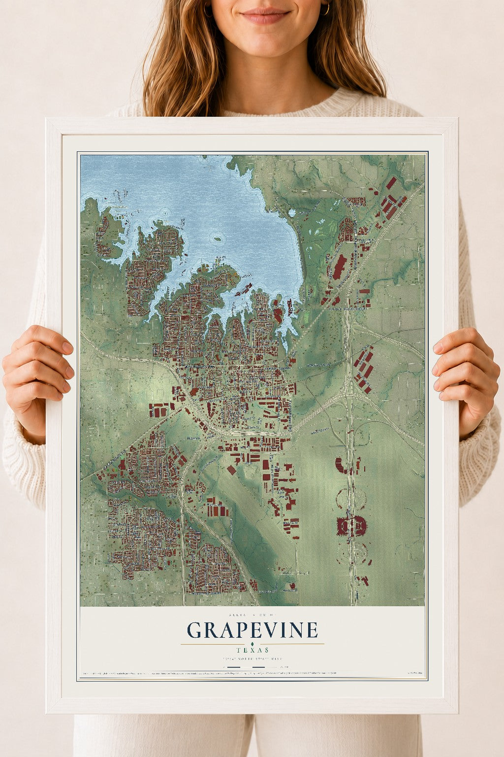 Map of Grapevine, Texas, 18 x 24 inch print in a white wood frame