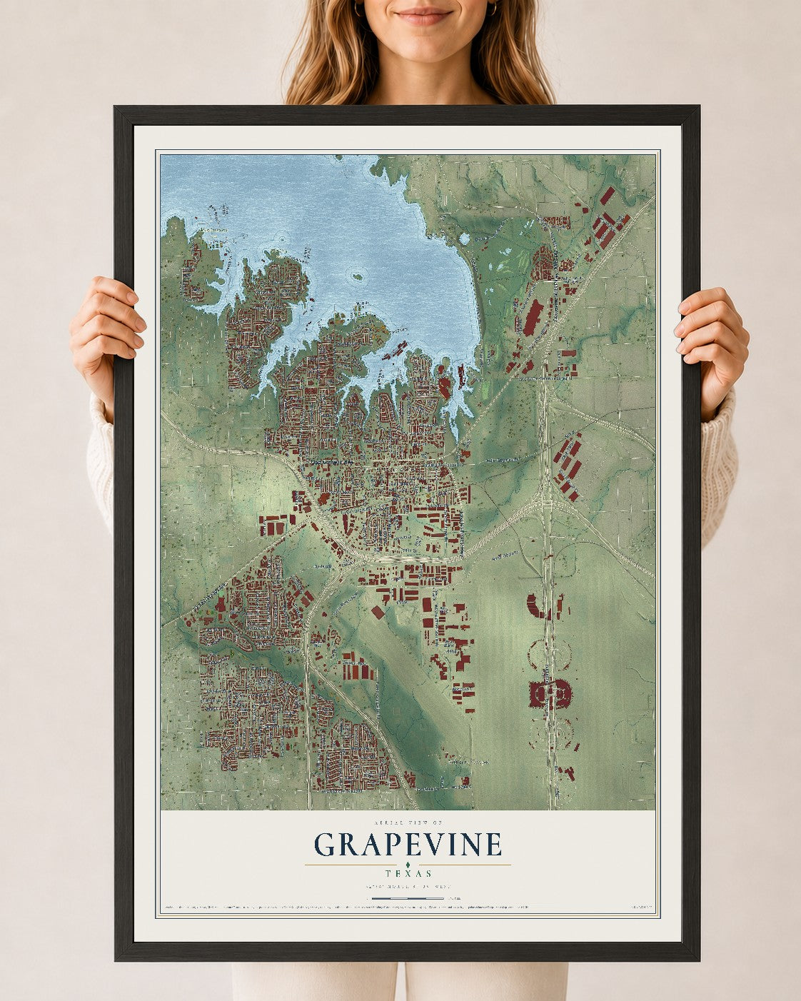 Map of Grapevine, Texas, 24 x 36 inch print in a black wood frame