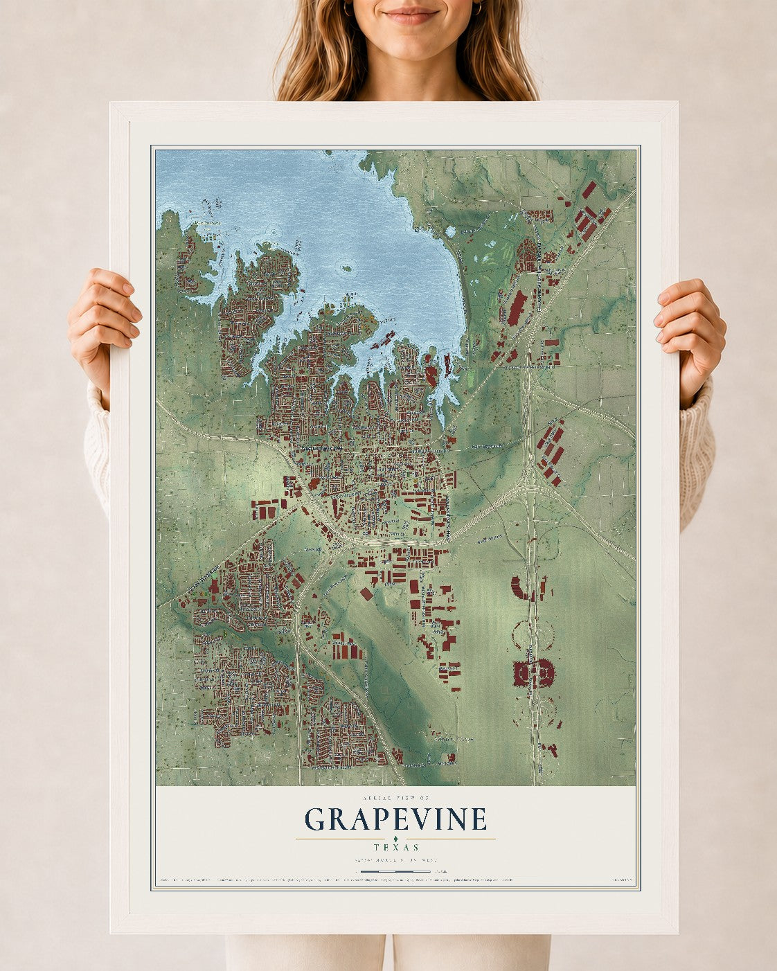 Map of Grapevine, Texas, 24 x 36 inch print in a white wood frame