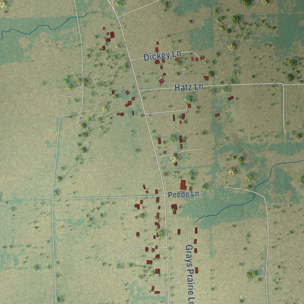 Close-up of the map of Grays Prairie, Texas print showing street and building detail