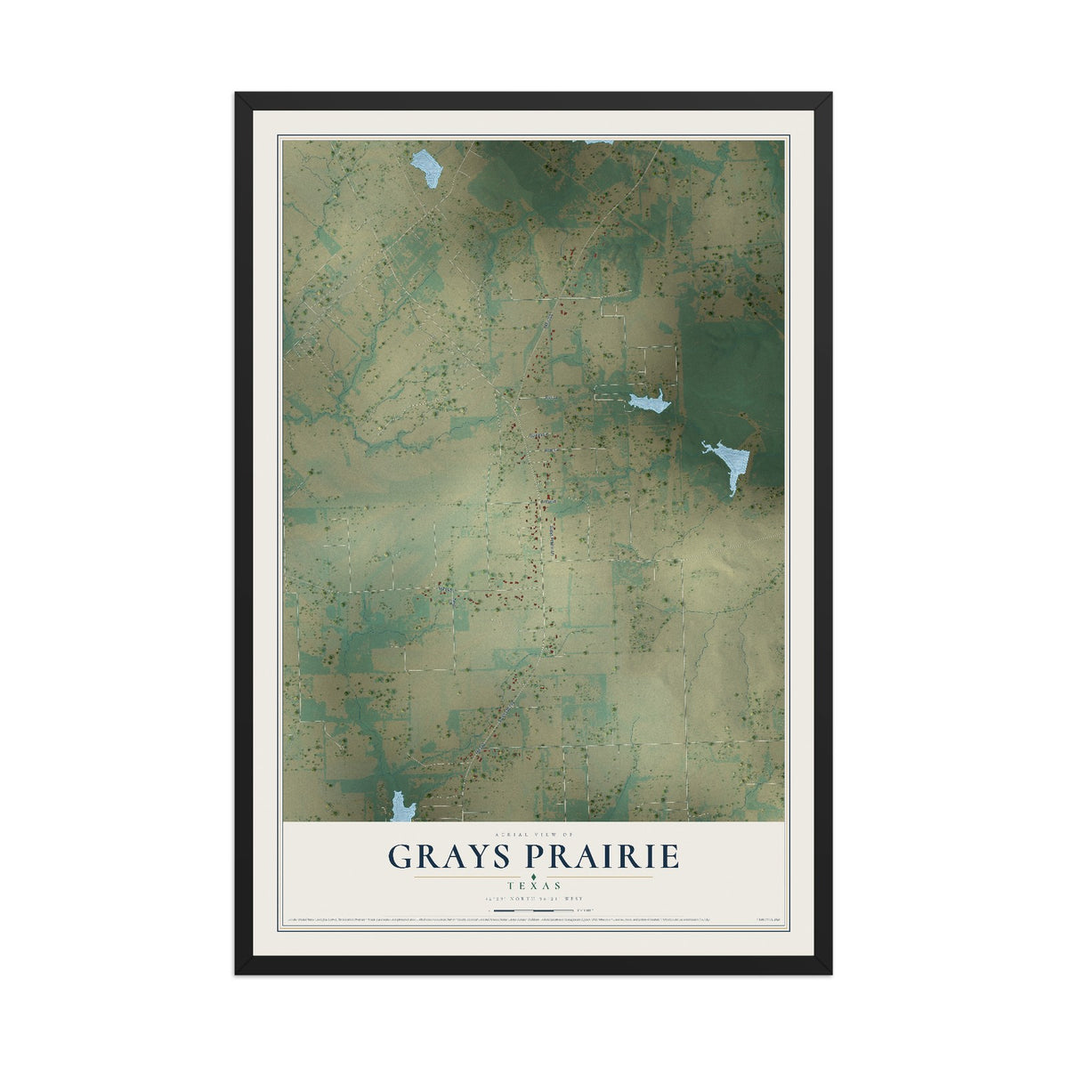 Map of Grays Prairie, Texas, 12 x 18 inch print in a black wood frame