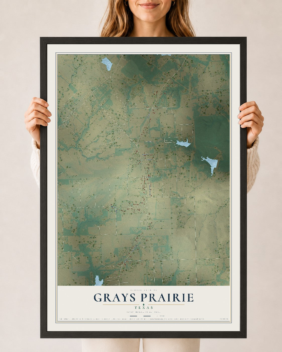 Map of Grays Prairie, Texas, 24 x 36 inch print in a black wood frame