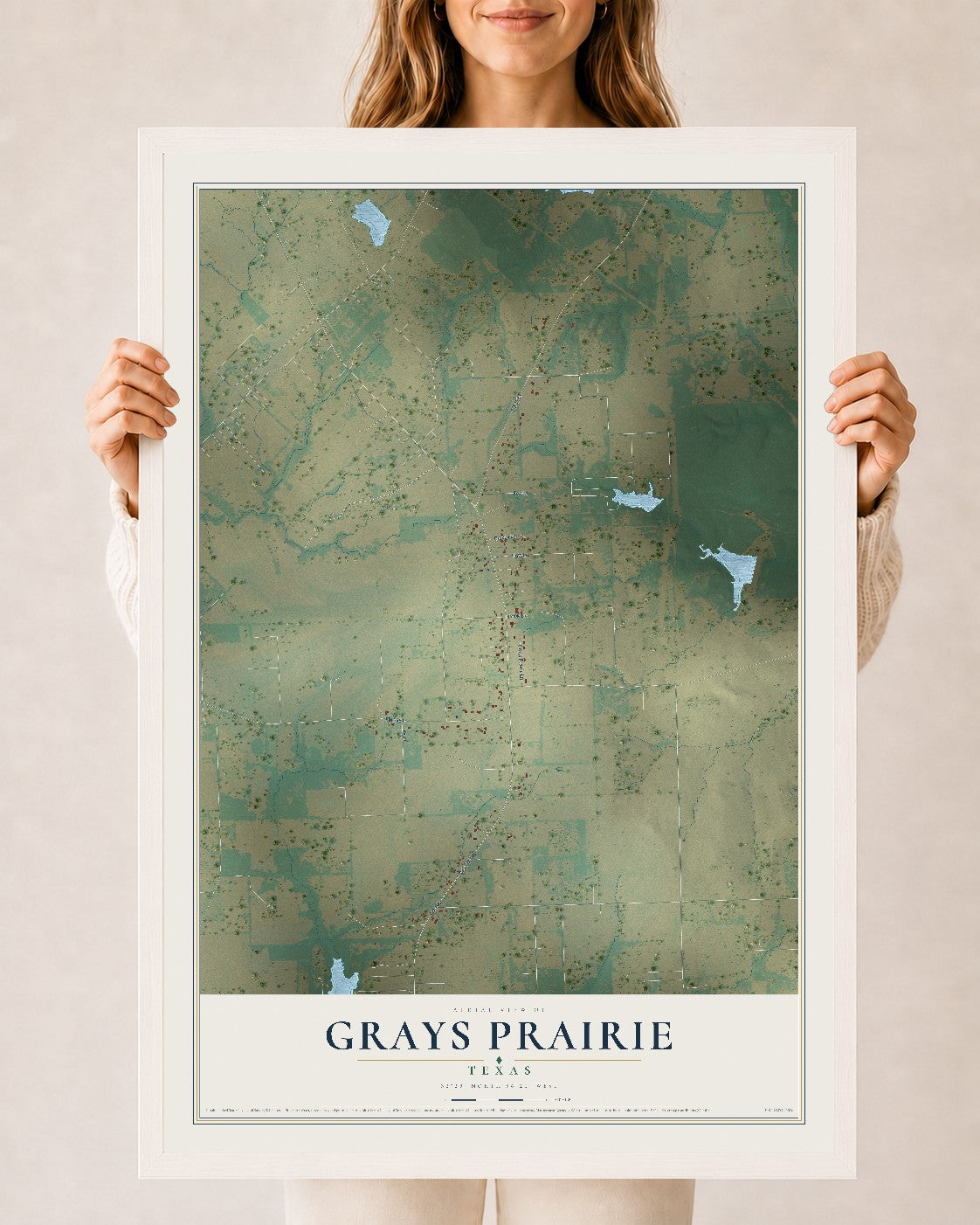 Map of Grays Prairie, Texas, 24 x 36 inch print in a white wood frame