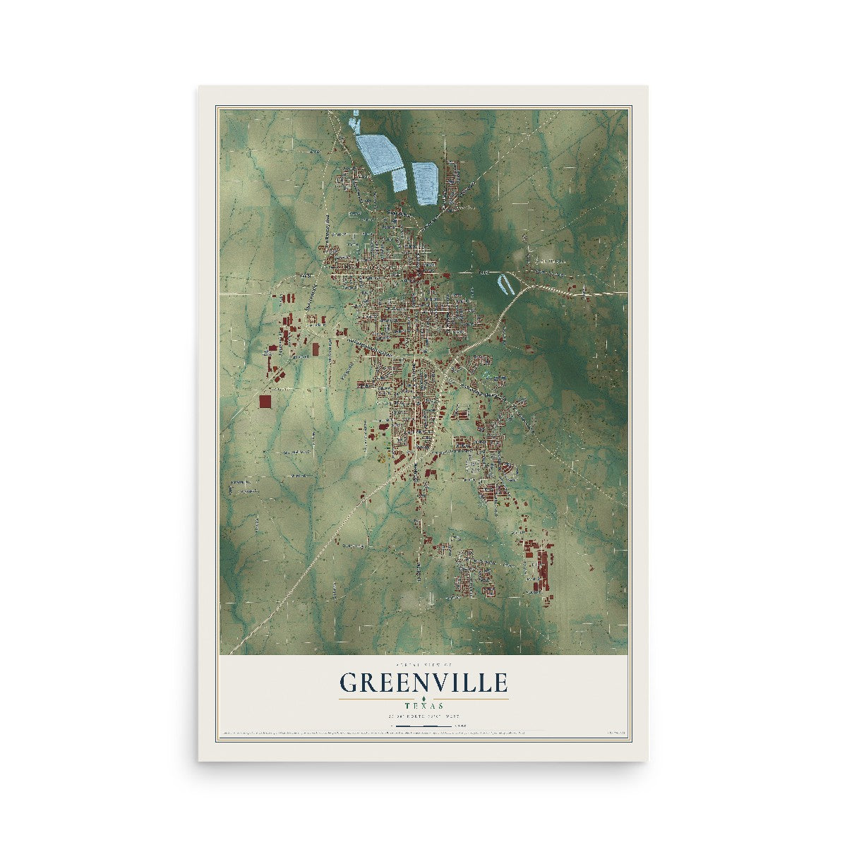 Map of Greenville, Texas, 12 x 18 inch unframed archival matte print