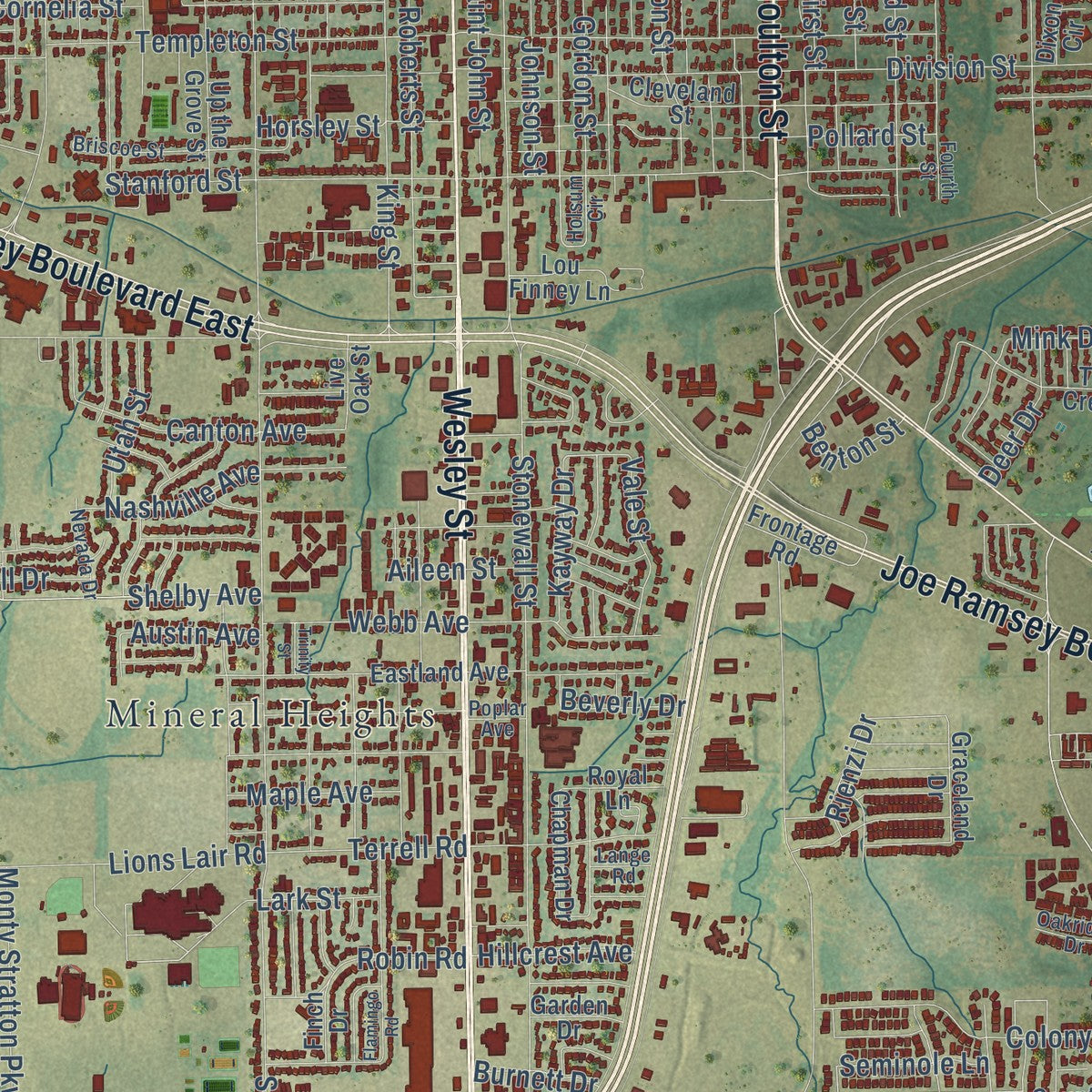 Close-up of the map of Greenville, Texas print showing street and building detail